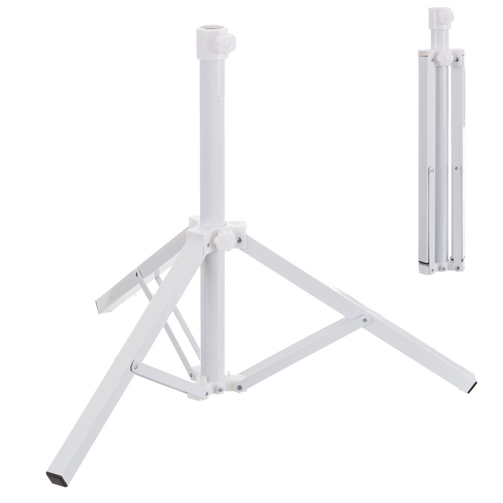 Pie de Parasol tipo Trípode con 3 patas de Metal Blanco Para mástiles de 25 a 32 mm de diámetro. Regulable en altura hasta 55 cm. Longitud de cada pata de 44 cm. MONTY