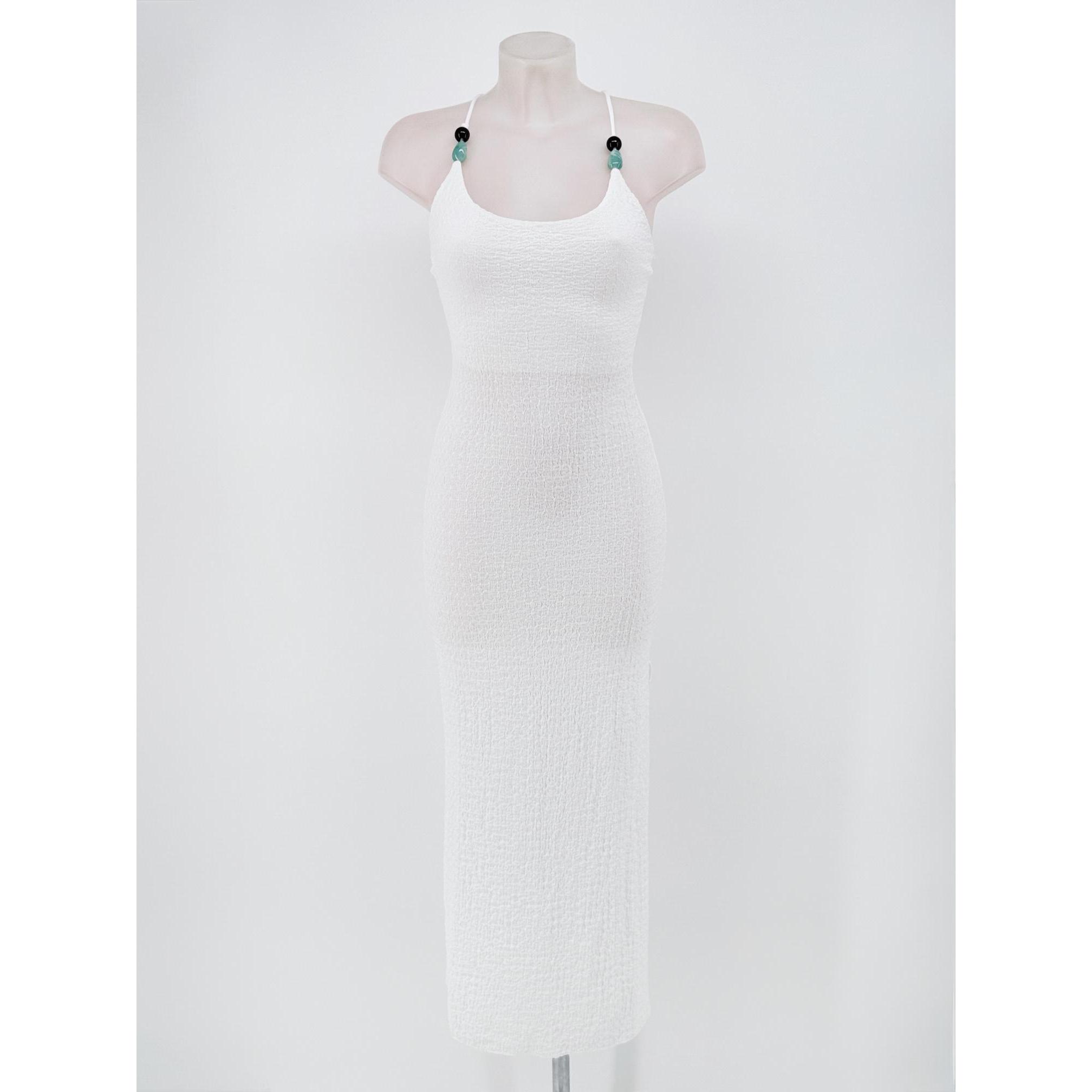 Vestido Maxi Ajustado con Textura Gofrada para Mujer, Tirantes Finos con Cuentas y Espalda Descubierta con Lazos Cruzados, Elegante Silueta Bodycon y Abertura Lateral Sensual - Disponible en Varios Colores