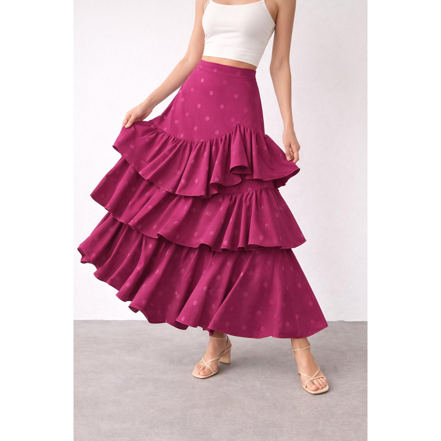 Falda Flamenca Fucsia Mujer con Volantes – Falda Larga Lunares, Estilo Sevillana, Ideal Feria, Baile Flamenco y Eventos