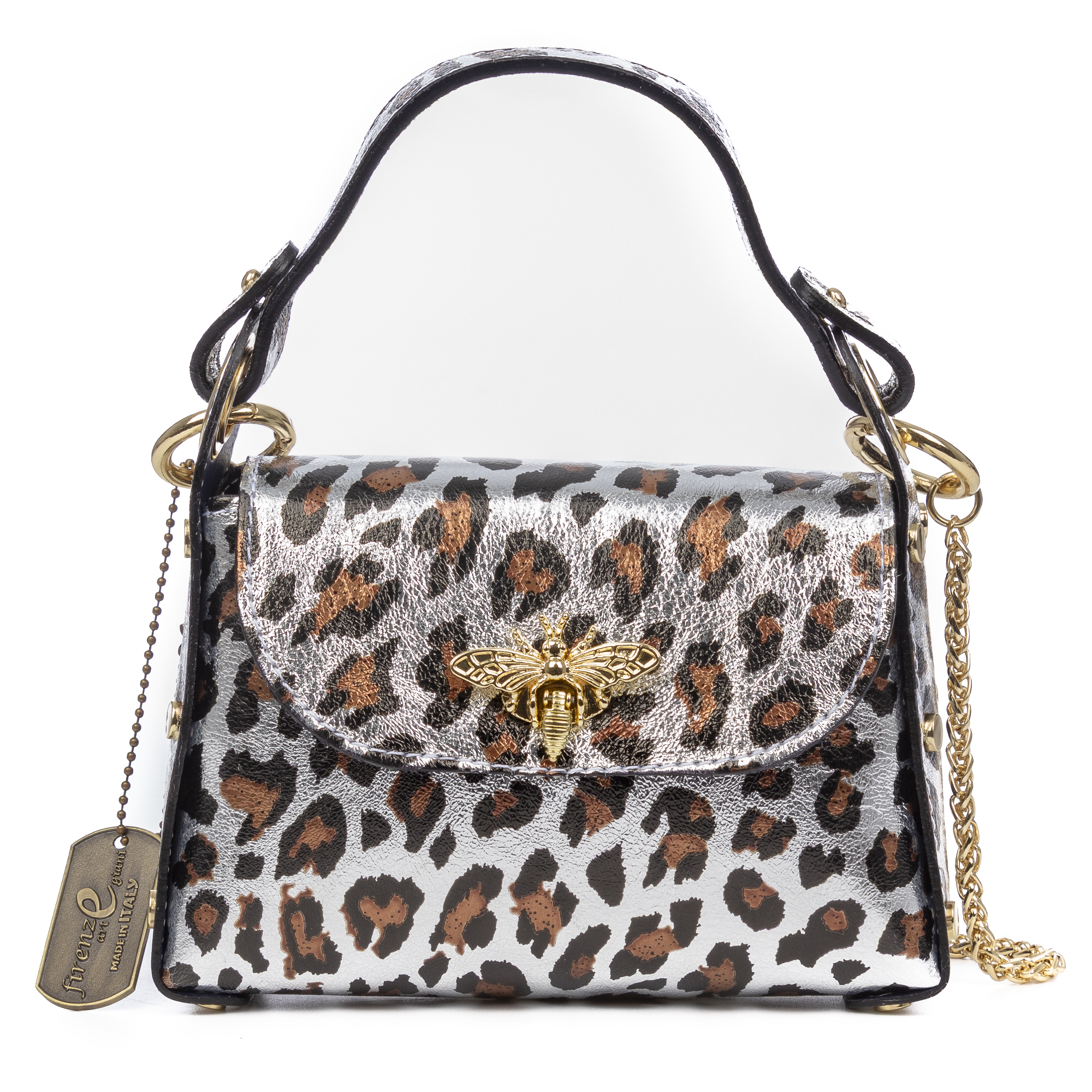 FIRENZE ARTEGIANI Aquileia bolso de mano mujer. Piel auténtica Gamuza con estampado animal print leopardo lacada brillante. Fabricado en Italia 19x7x13 Cm. Color: Leopardo