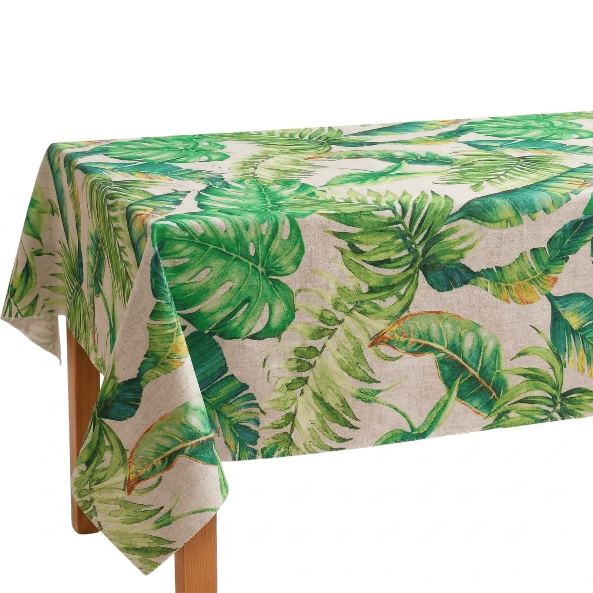 Mantel de mesa de tela estampada de algodón y poliéster, impermeable y antimanchas con recubrimiento resinado,hojas tropicales, rectangular de corte recto sin dobladillo, lavable y de fácil limpieza, ideal para cocina, comedor.