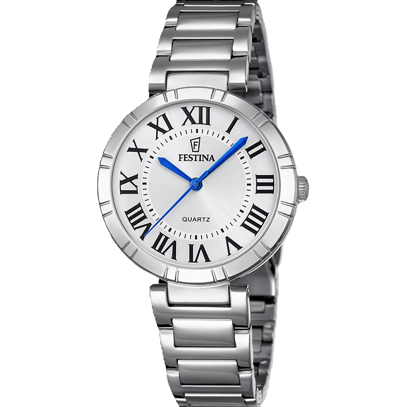 Reloj Festina de Mujer, Esfera clásica, Números Romanos, Estilo Atemporal, Acero resistente Sólido, Manillas azules, Ref. F16936/3