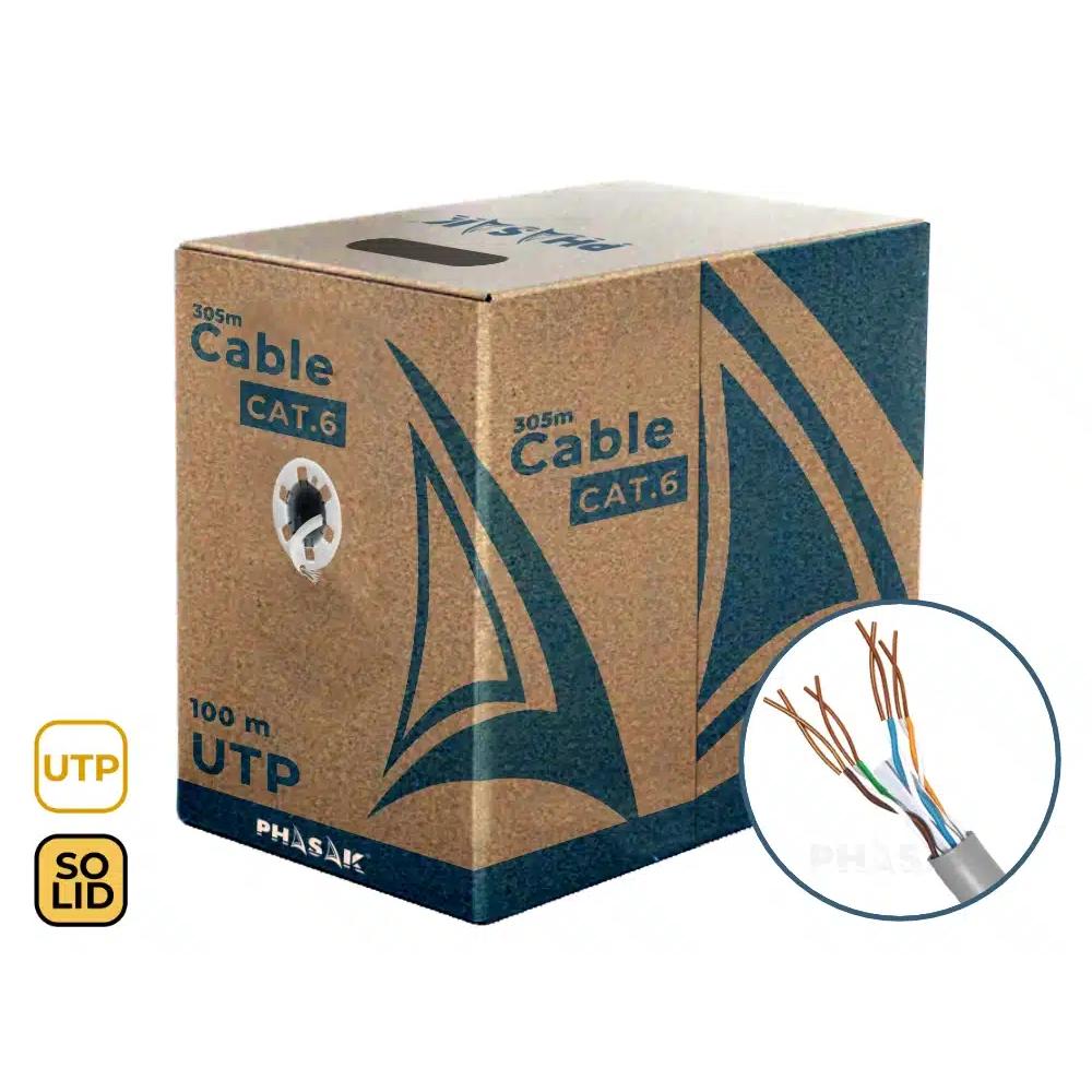 Bobina Cable de Red UTP Cat 6 Phasak 100 m – Conductor Sólido CCA AWG23, 8 Hilos, hasta 1 Gbps – Instalación Interior – PHR 6100