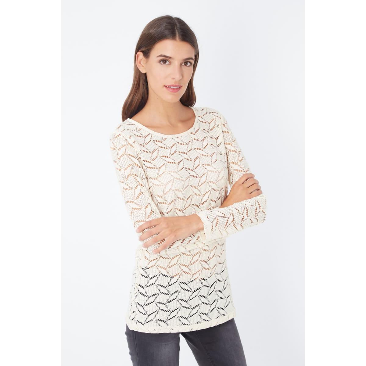 Blusa encaje, camisa calada, manga larga, diseño elegante, estilo femenino, tejido ligero, ideal primavera, combina con jeans o faldas, talla 38, color marfil, versátil, sofisticada ✅Entrega 24/48h