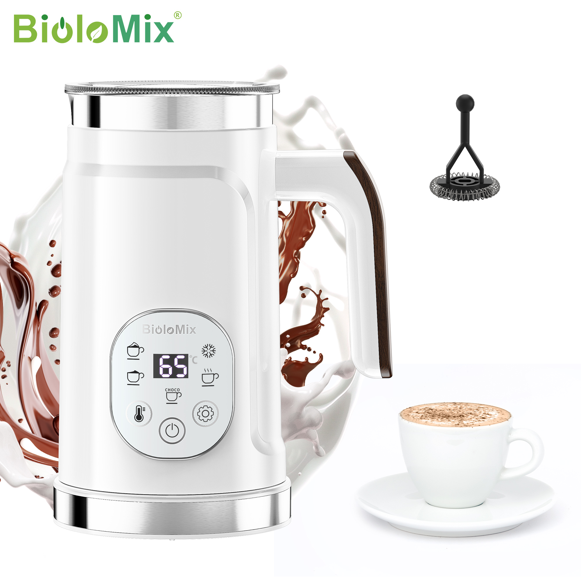 BioloMix BMF102E,Milk Frother,5-in-1 Multi Function,Adjustable temperature45°C/55°C/65°C,Cold Thin Foam,Digital Touchscreen Control,Temperature Control Base