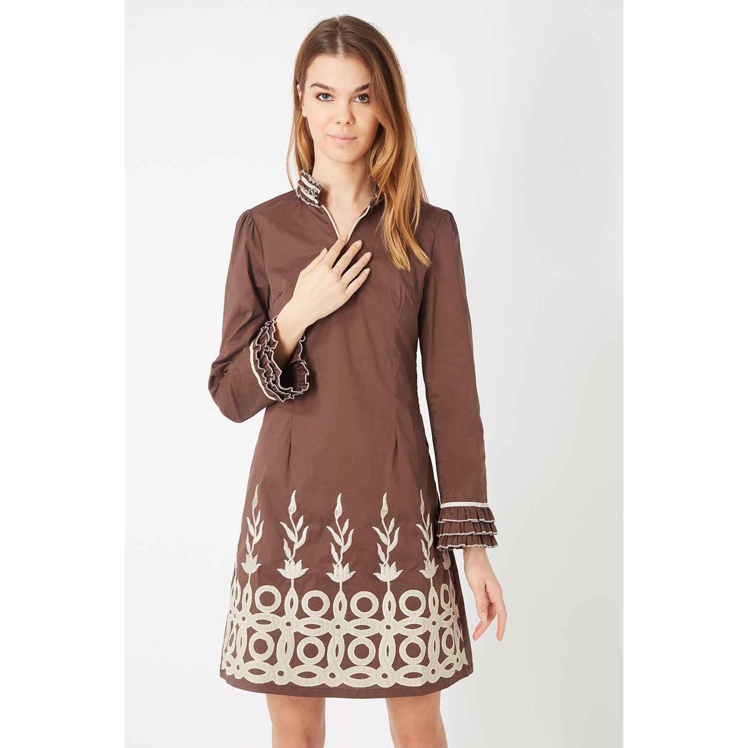 Vestido recto mujer, dress estilo bohemio, manga larga bordado, algodón fresco, marrón, talla 38, elegante, cómodo, ideal oficina, eventos, look versátil, disponible en 40 colores, ✅Entrega 24/48h