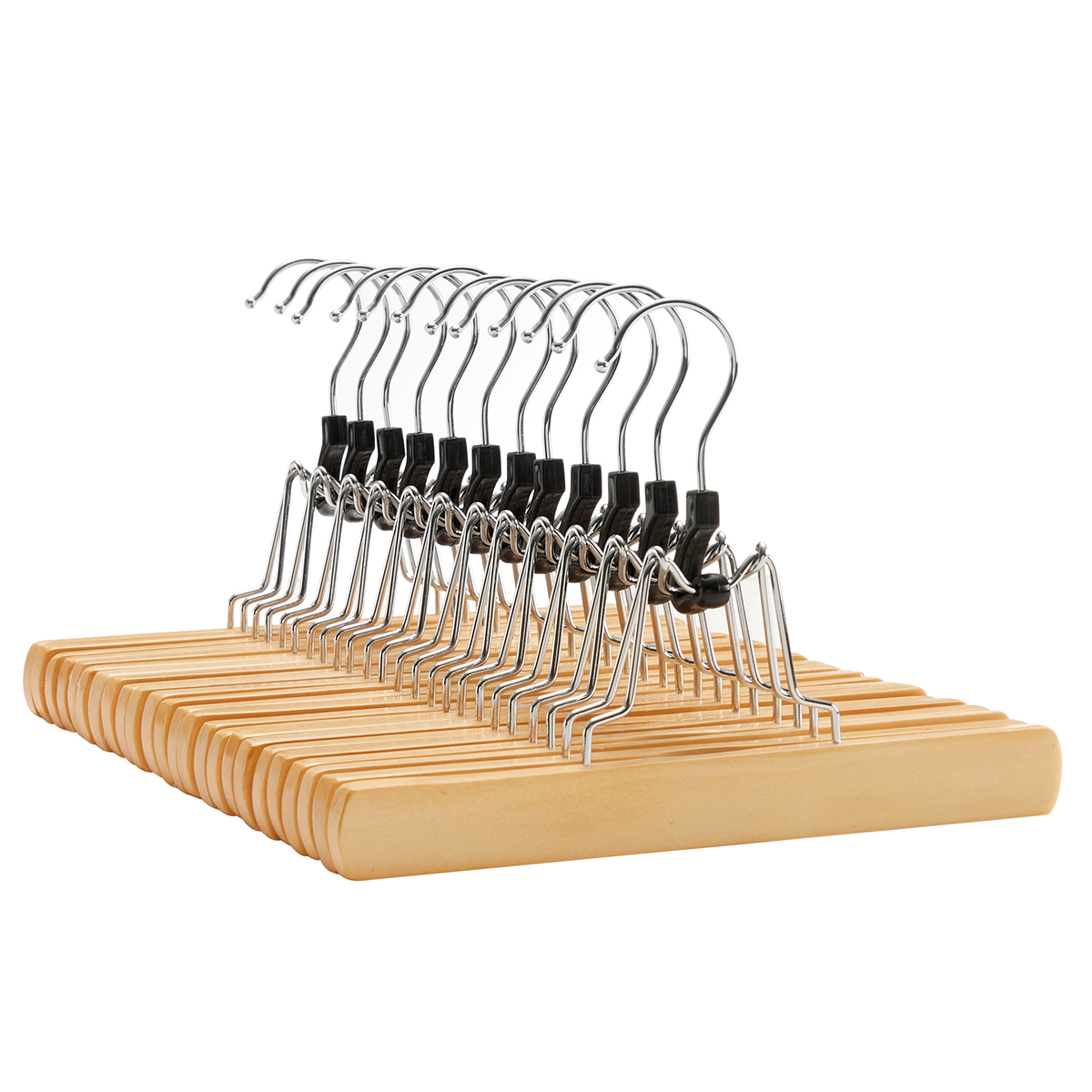 SONGMICS Perchas de Madera para Pantalones Faldas, Antideslizantes, 12 Unidades, Gancho Giratorio a 360°, Ganchos cromados, 25 cm de Largo Natural