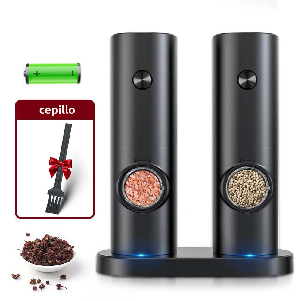 OmHom Juego De Molinillos Eléctricos De Pimienta Y Sal Con Base LED Regulable Recargable Herramienta De Cocina Ecológica Plástico
