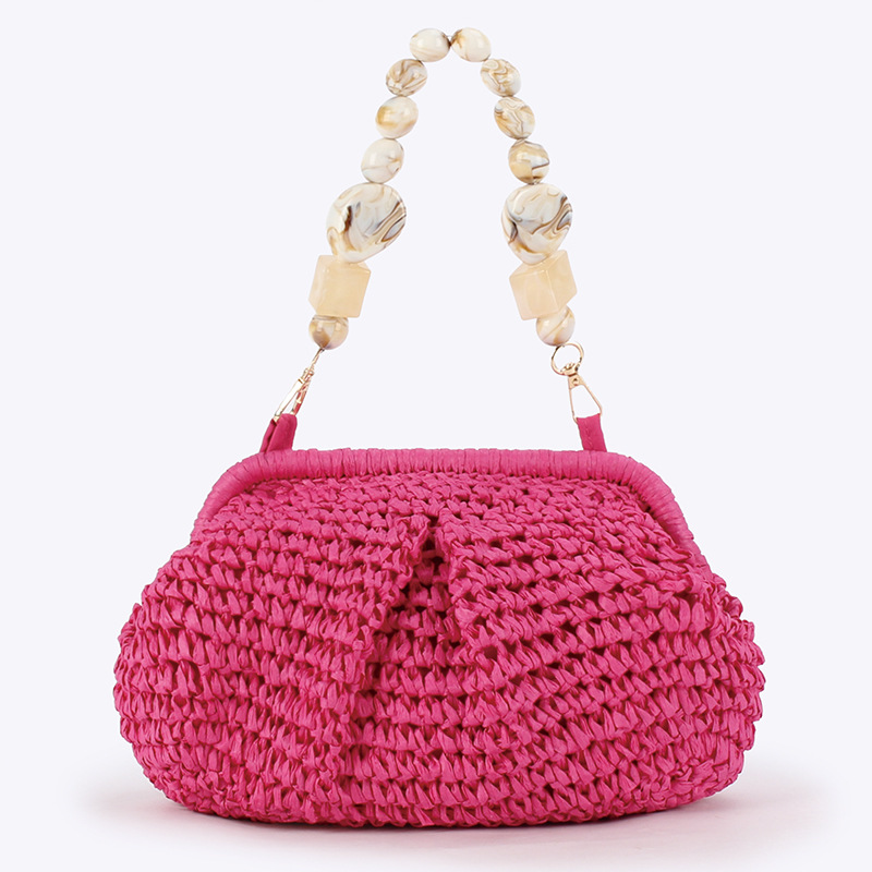 Bolso de playa de verano para mujer, bolso tejido de rafia, bolso hobo elegante con paja de media luna con cuentas, mochila bohemia