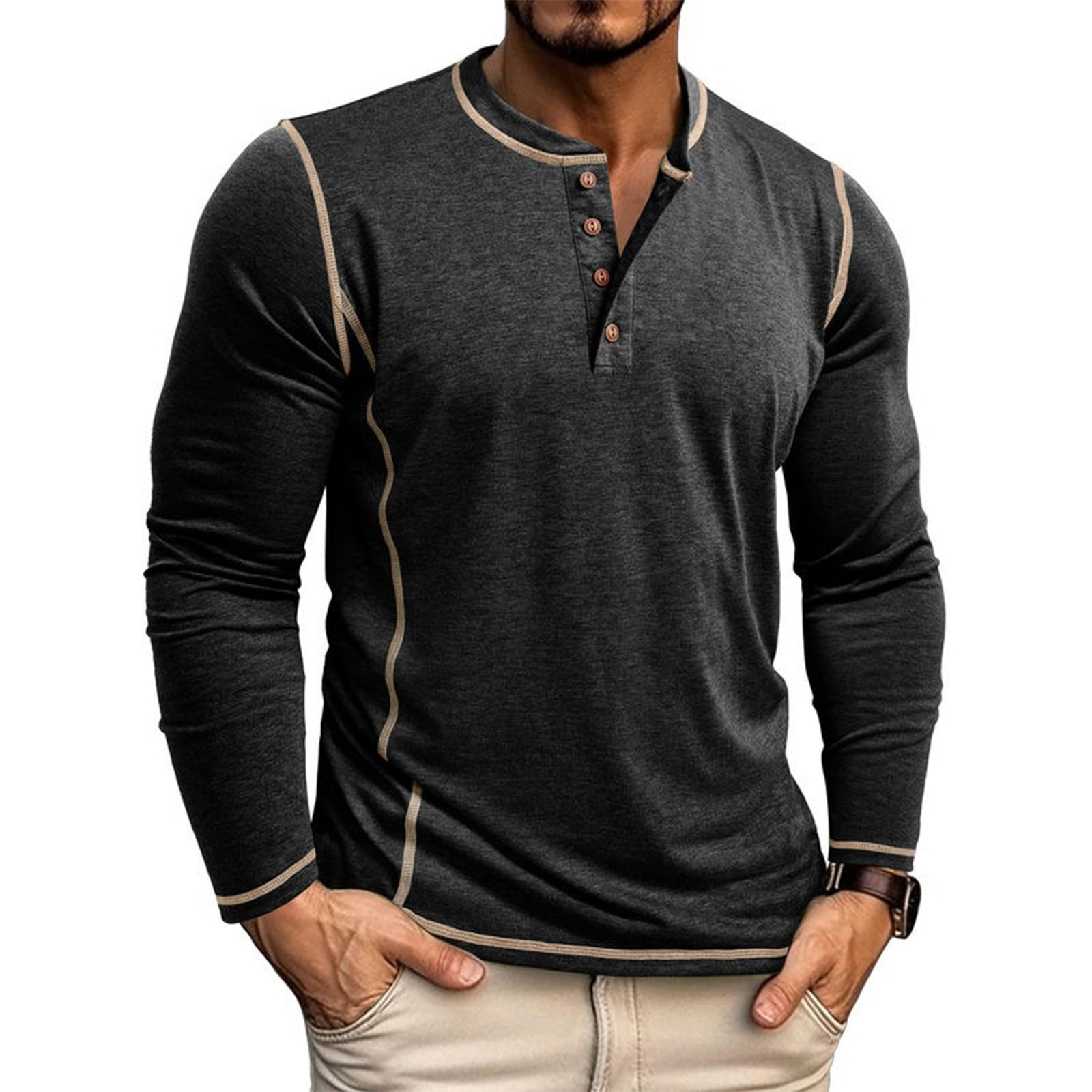 TK Camiseta De Manga Larga Para Hombre Con Cuello Henry Y Cuatro Botones Estilo Casual Para El Día Cuidado Facil Material Poliéster