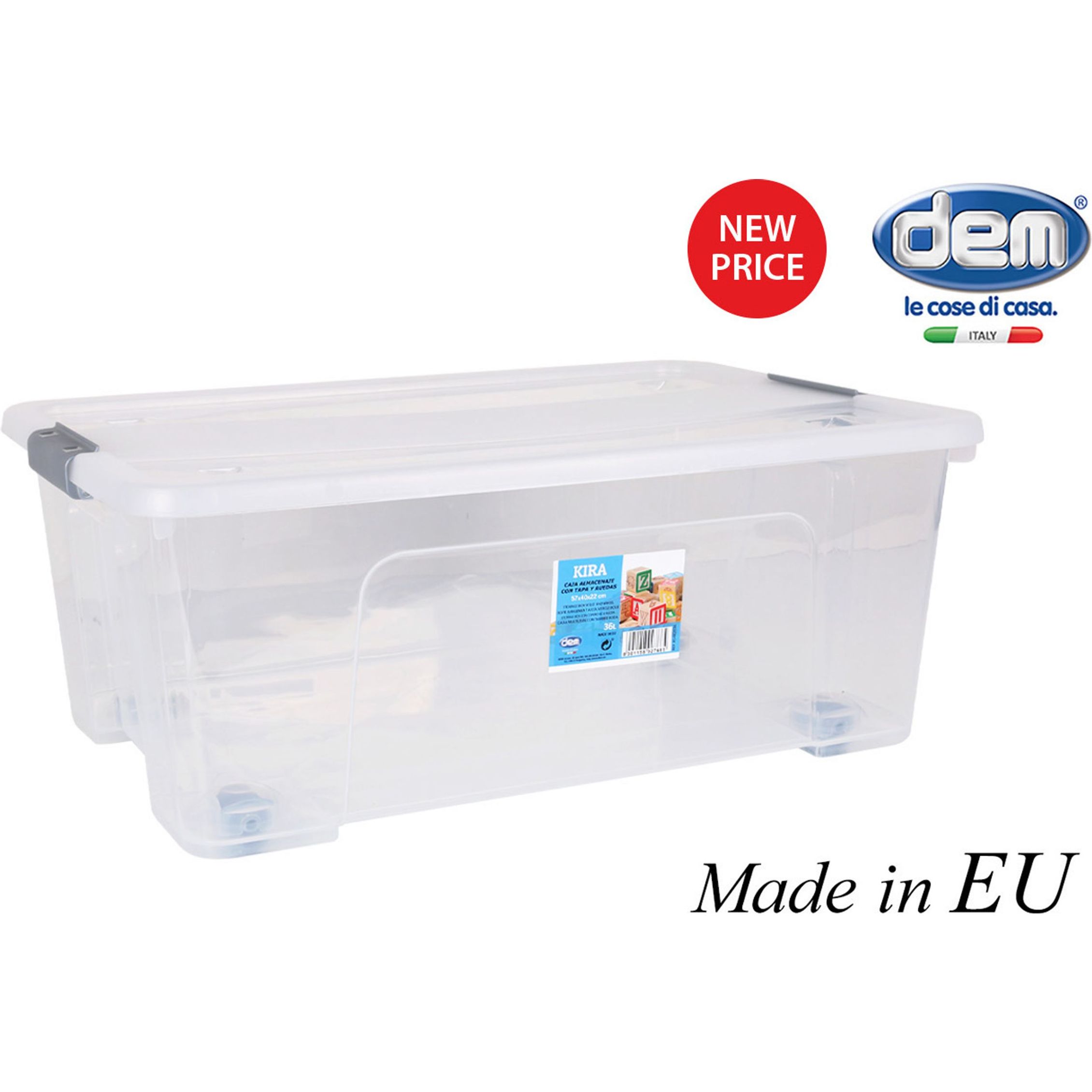 DEM - Caja Almacenaje con Tapa 36L con Ruedas Linea Kira - Caja de Almacenaje Espaciosa y Funcional Organizadora - Caja de Almacenaje Resistente y Duradera - Caja Almacenaje con Tapadera - Caja de Almacenaje Apilable para Ahorrar Espacio