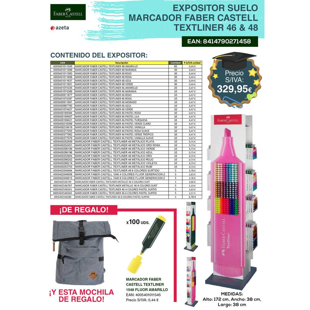 FABER EXPOSITOR SUELO MARCADOR FABER CASTELL TEXTLINER 46 & 48 EXPOSITOR TEXTLINER 46 & 48 960-006-881. 38x38x172 Cms.