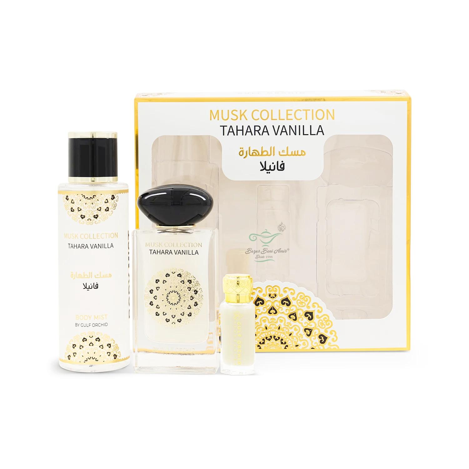 Set de Musk Tahara Tahara vanilla Gulf Orchid,Pack ideal regalo lujo árabe (musk intimo, body spray y perfume),Fragancia oriental ,Set de regalo