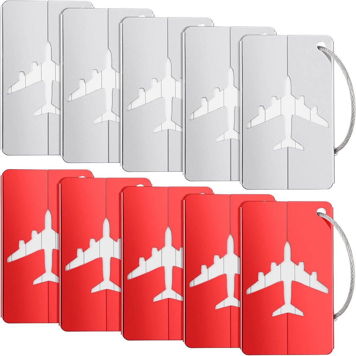10 etiquetas para equipaje - Etiquetas para maletas - Etiquetas de aluminio para equipaje - Etiquetas para maletas - Accesorio de viaje - con anilla de acero inoxidable - Etiqueta de identificación - Rojo + Plata - Adecuado para bolsas de viaje