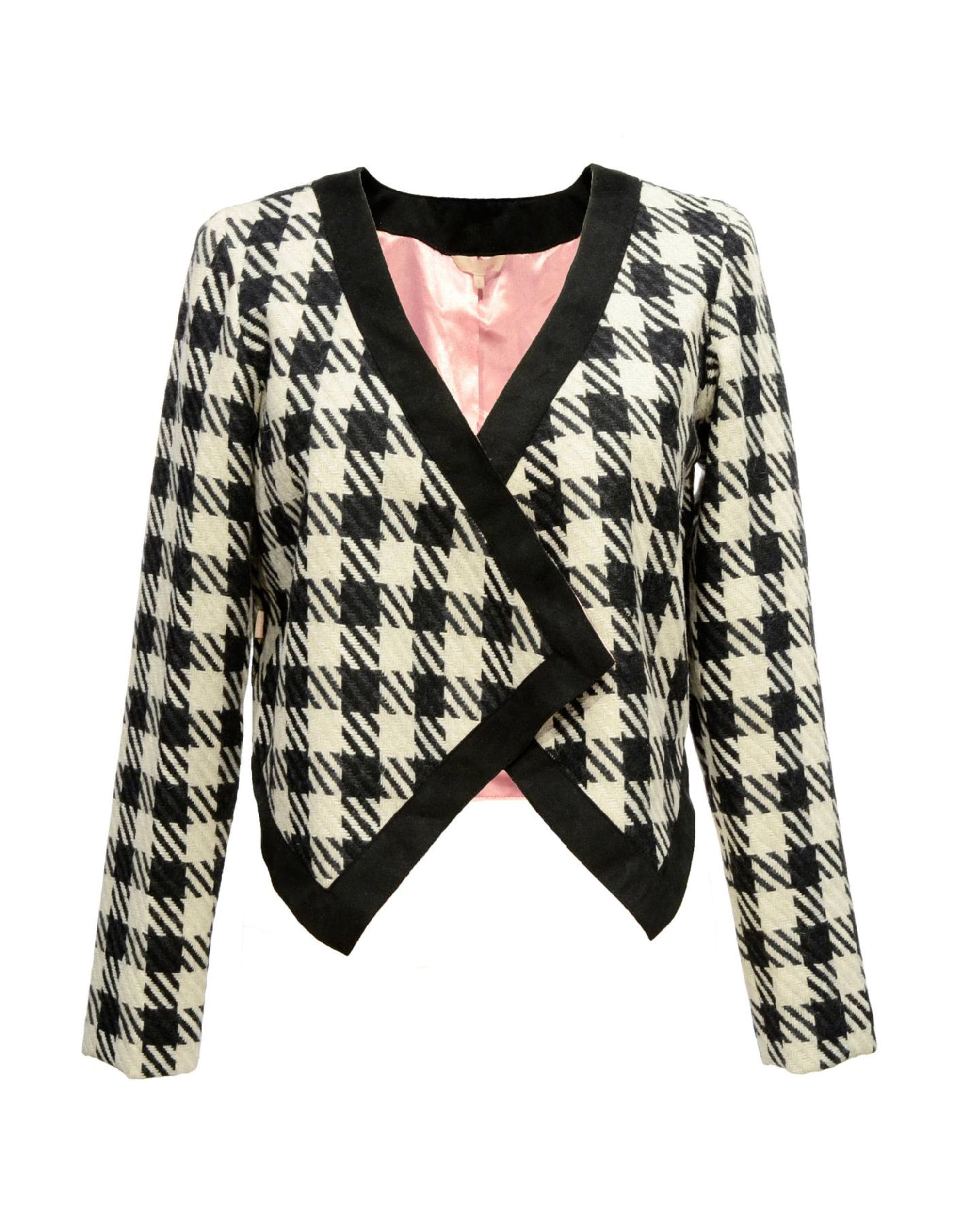 Chaqueta corta mujer, blazer, abrigo ligero, diseño asimétrico, estampado pata de gallo, forro interior rosa, manga larga, tejido suave, elegante, corte moderno, color negro/blanco, talla S, cómoda y versátil ✅Entrega 24/48h