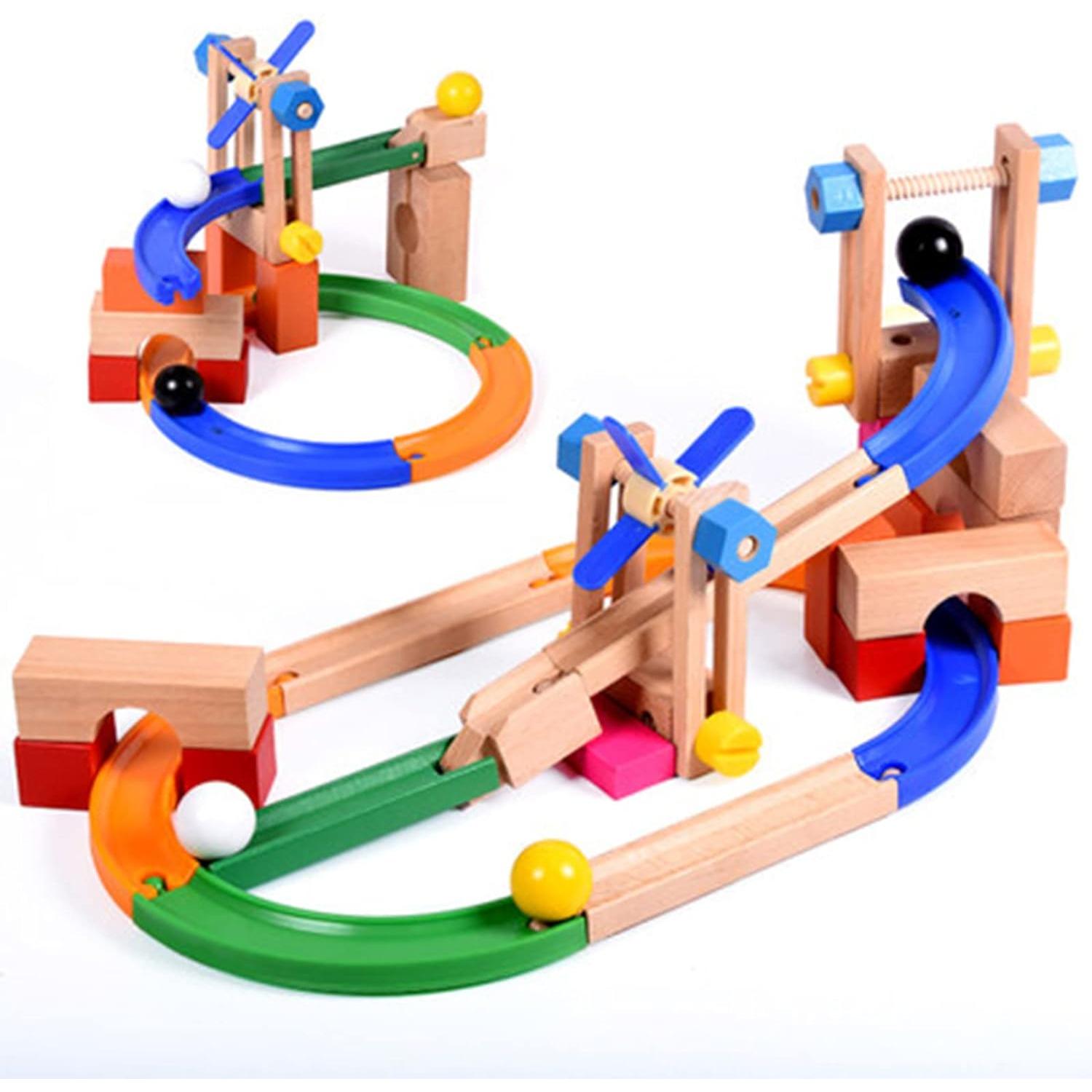 Juquetes de carreras de bolas,Juquetes de maderas, juquetes didactico, Circuito de Canicas de Madera 46 Piezas, Viene con Molino de Viento de Bloques de construcción, Varios rieles y Bolas de Bloques de Madera, Juguetes de Madera para niñas de 2 3 4 años