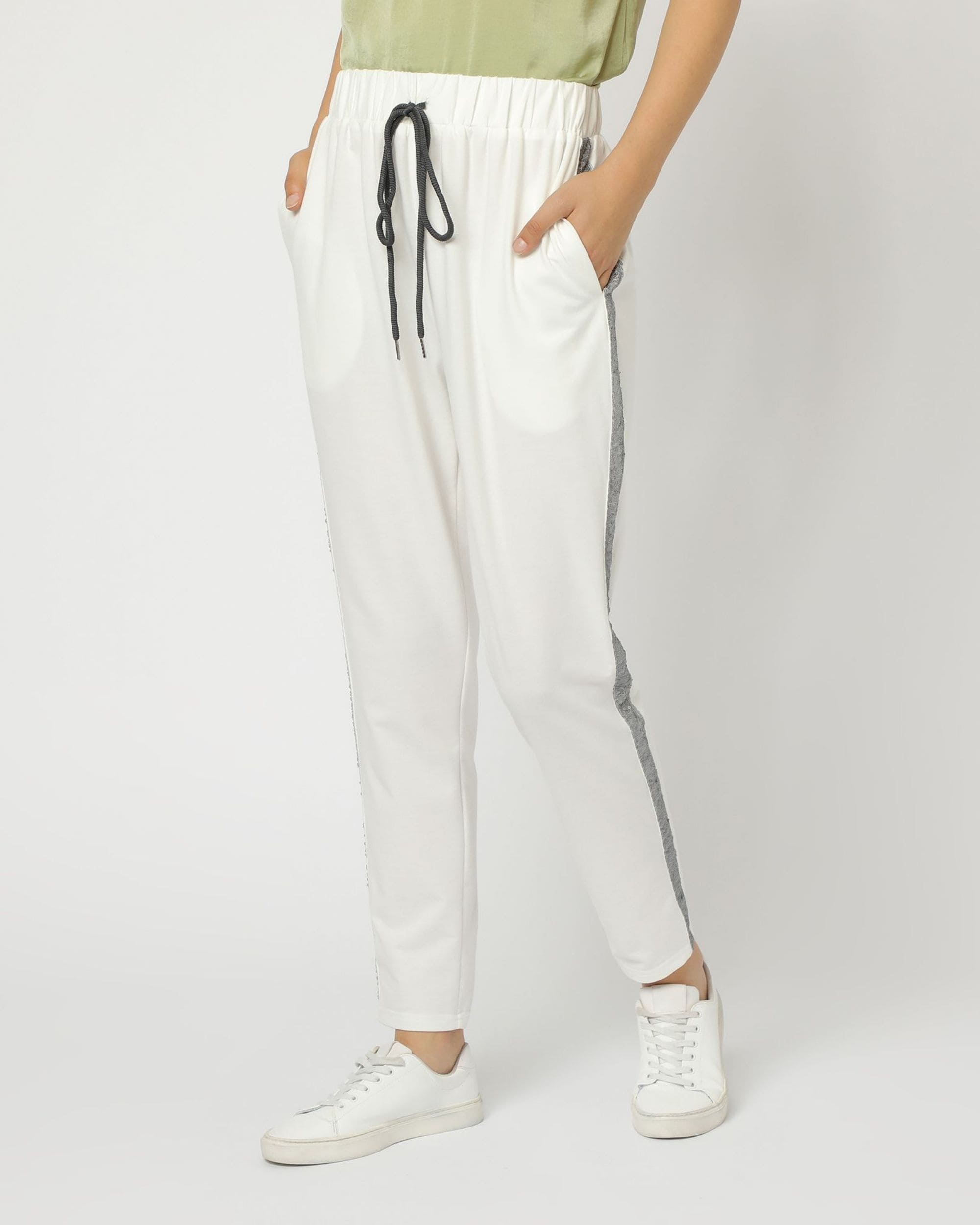 Pantalón jogger mujer, sweatpants, tiro alto, algodón suave, costado contraste, cintura elástica, cordón ajustable, relaxed fit, urbano, cómodo, moda casual, talla 38, blanco y gris, versátil ✅Entrega 24/48h