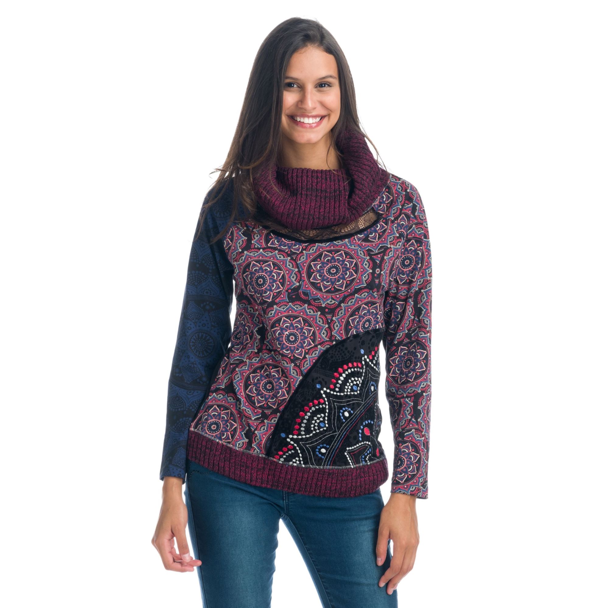 Koroshi - Camiseta manga larga para mujer con cuello vuelto de tricot, estampado integral y panel bordado en flock, 100% algodón, colores kaki, cobalto y burdeos