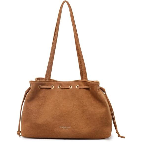 Bolso de gamuza retro tipo bucket casual para viajes universidad bandolera con cordón bolso de mano para mujeres con correas de hombro tipo tote