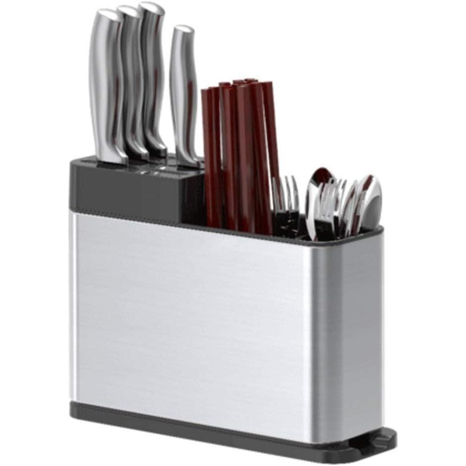 Organizador de cocina en acero inoxidable, soporte para cubiertos y utensilios con porta cuchillos, porta tenedores, porta cucharas, palas y caja de almacenamiento, estantería compacta y resistente para mantener la cocina ordenada