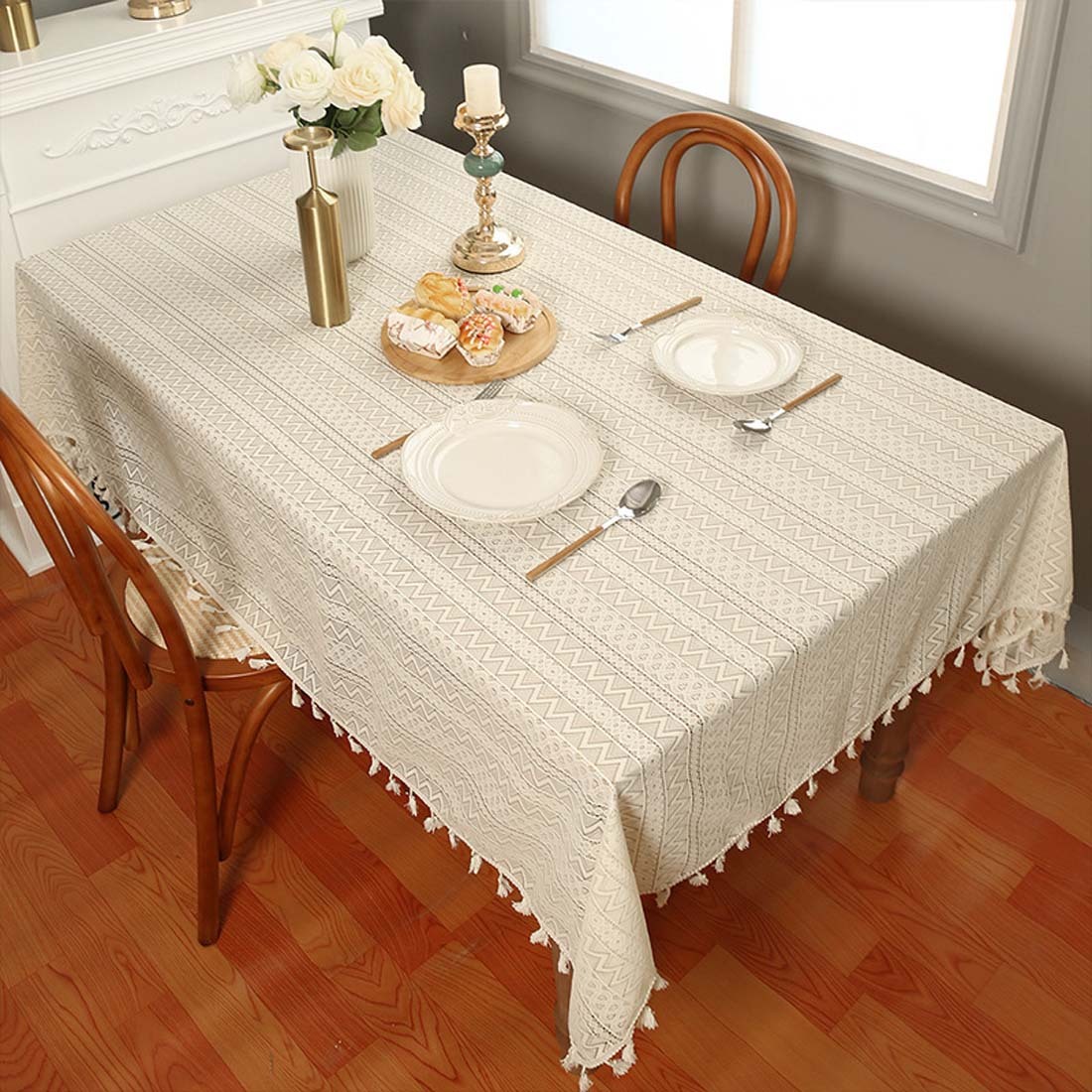 Mantel retro hueco, mantel y mantel individual con borlas de encaje beige, beige, 140 x 200 cm