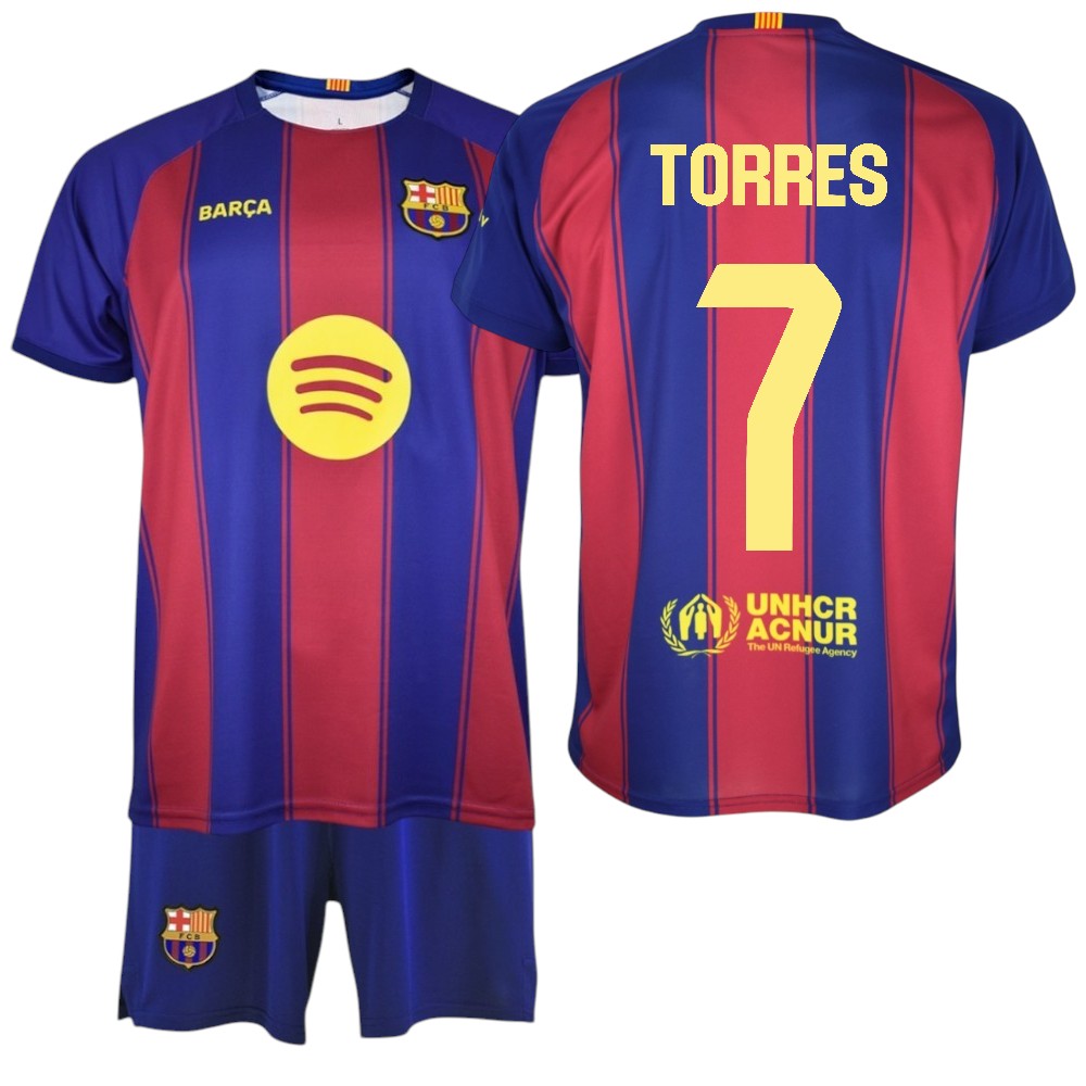 F.C Barcelona - Conjunto Camiseta y Pantalón Niño - Jugador TORRES Nº7 - Diseño Blaugrana Clásico - Escudo Bordado - Tejido Transpirable - Ideal para regalo