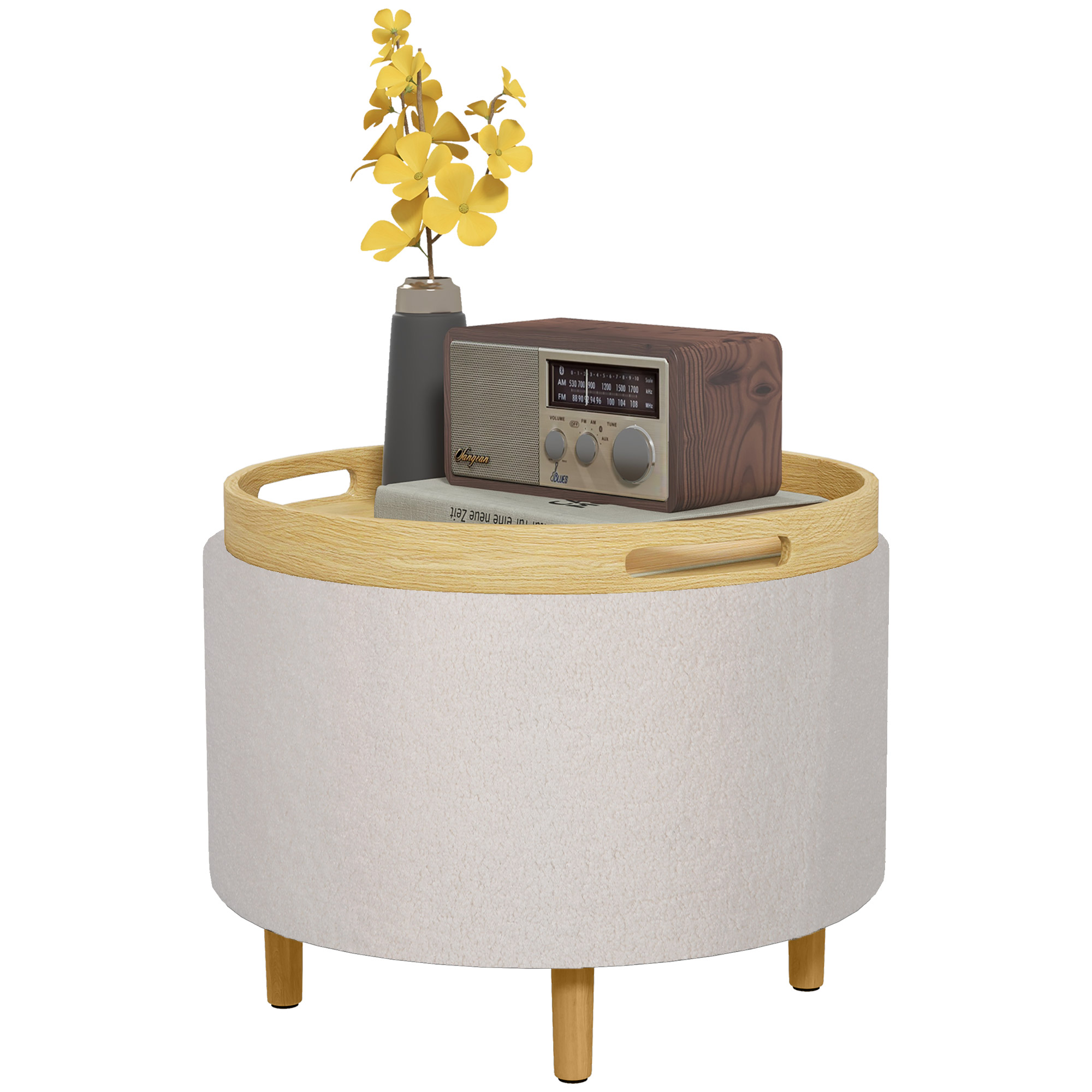HOMCOM Taburete otomano con espacio de almacenaje, otomano redondo con tapa abatible, patas de madera, moderno, para salón, dormitorio, blanco, Ø56 x 42 cm