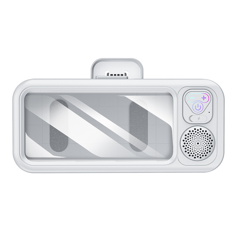 Soporte impermeable para teléfono en la ducha con altavoz Bluetooth 5.3: resistencia al agua IPX5, sonido envolvente de 360°, montaje con ventosa potente, batería recargable