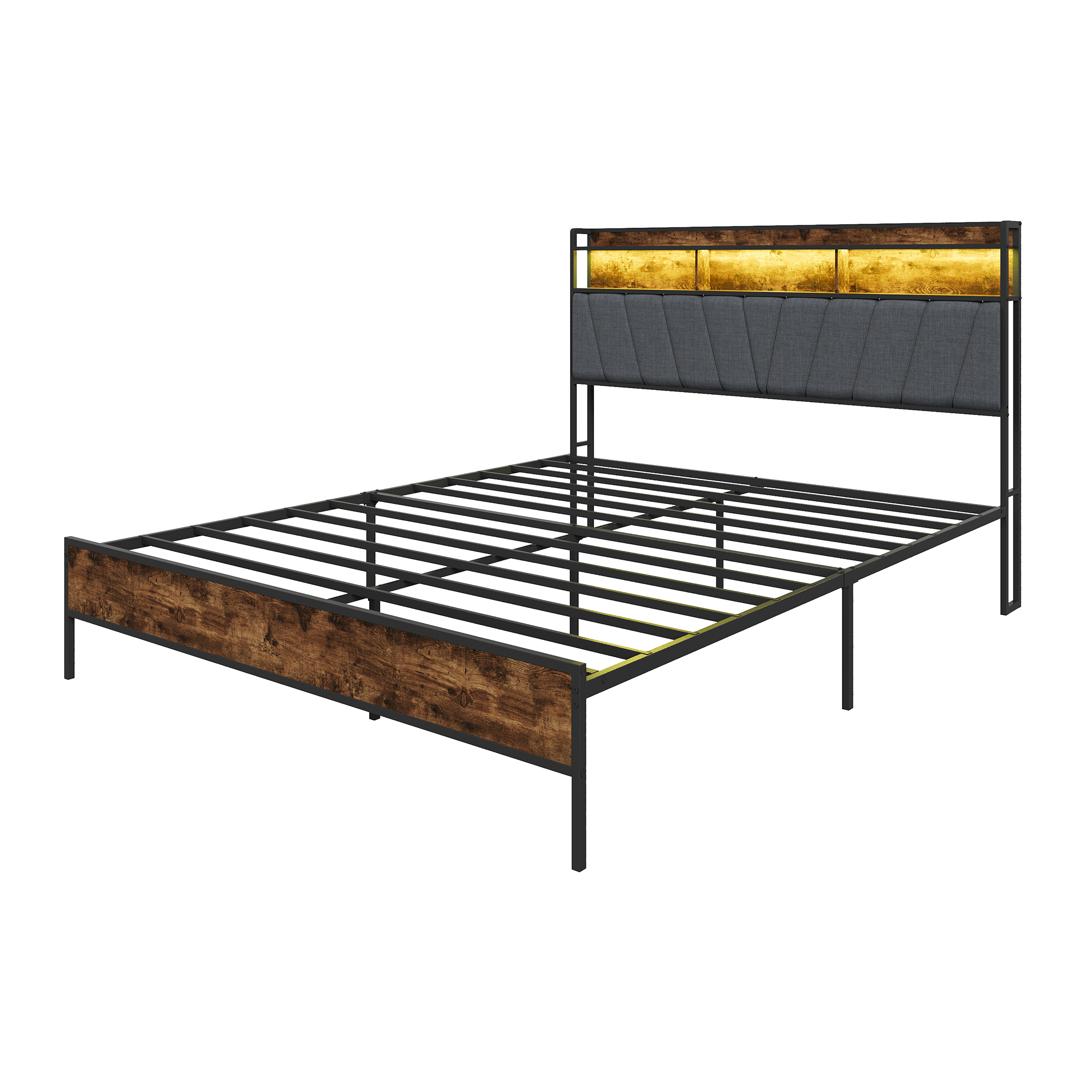 Cama Doble Superaly 140x200cm, con Luz LED y Estación de Carga (2 Tomas de Corriente AC, USB-A, USB-C), Cama Tapizada con Cabecero Acolchado y Base de Lamas Metálicas, Colchón No Incluido