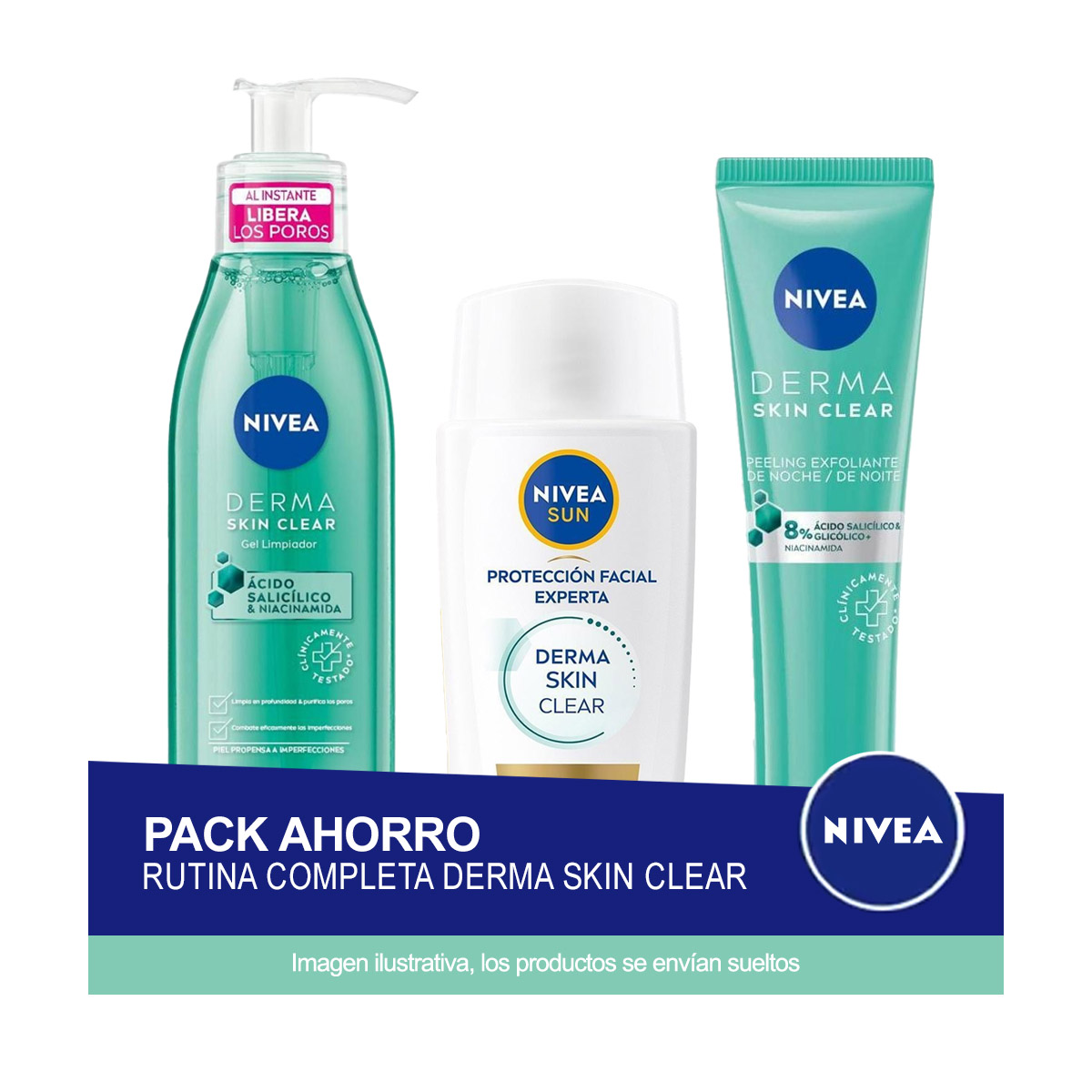 NIVEA Pack ahorro DERMA SKIN CLEAR rutina completa: Gel Limpiador + Exfoliante de Noche + UV Proteccion Facial FP50+