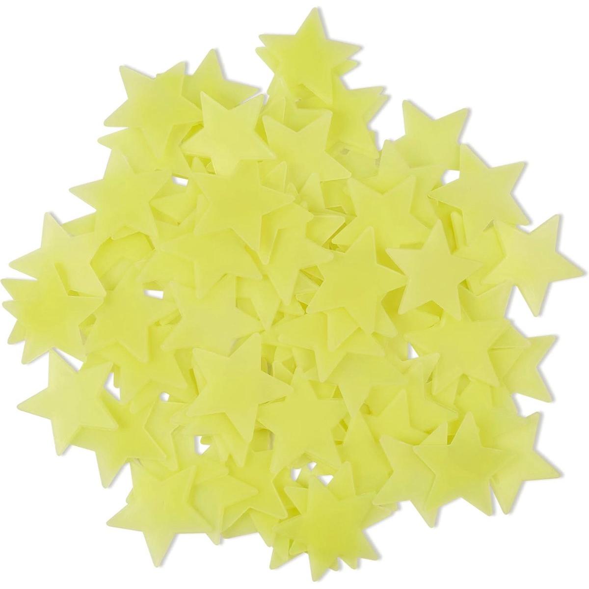 100 pegatinas de estrellas que brillan en la oscuridad - Decoración para techo/pared de habitación infantil - Artículos para dormitorio/guardería - Amarillo