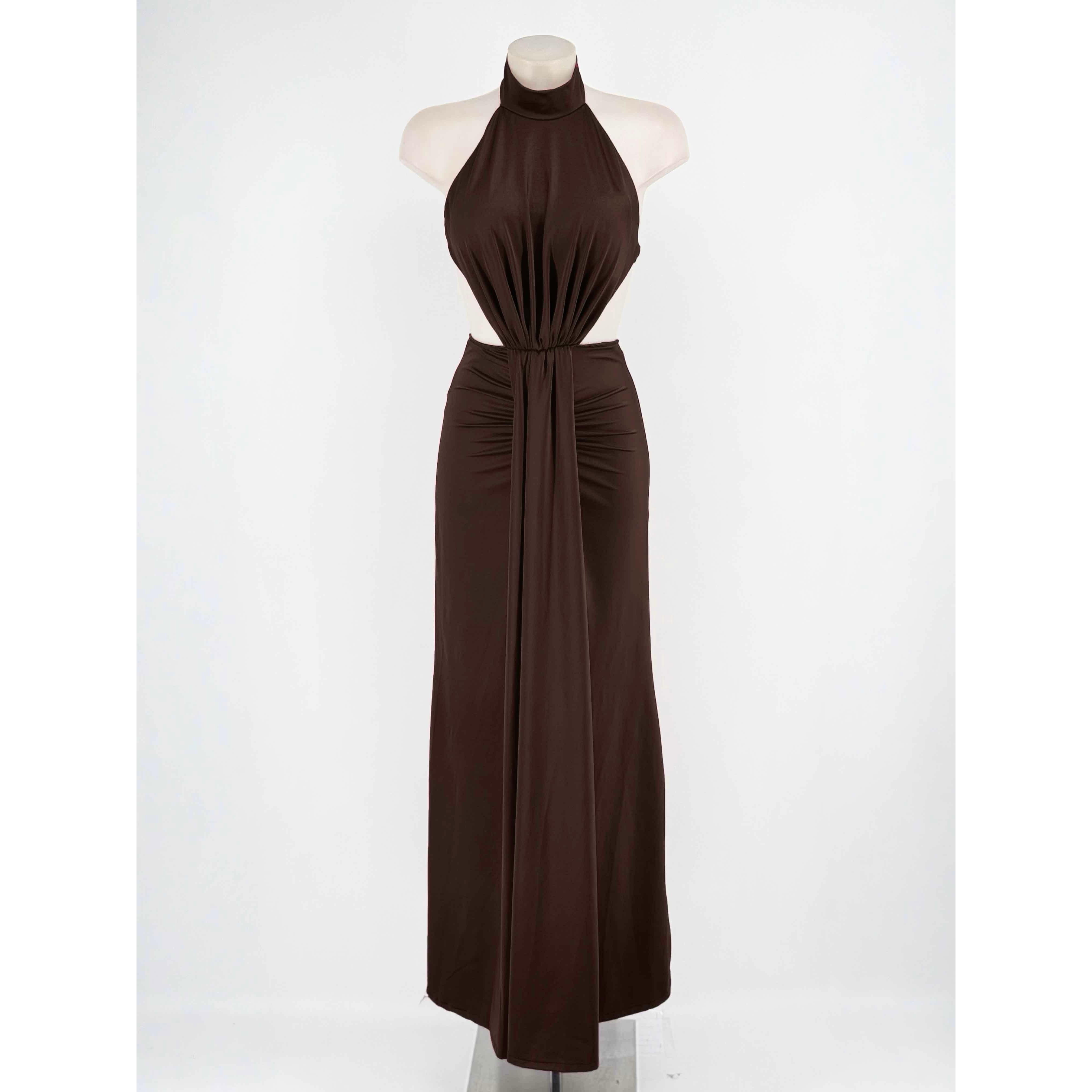 Vestido Largo de Fiesta Cut-Out con Cuello Halter y Espalda Descubierta | Tejido Licra Elástico Ajustable en Talla Única (34 a 40) | Diseño Elegante con Fruncidos Frontales y Drapeado Fluido Ideal para Bodas, Galas y Eventos Especiales de Noche