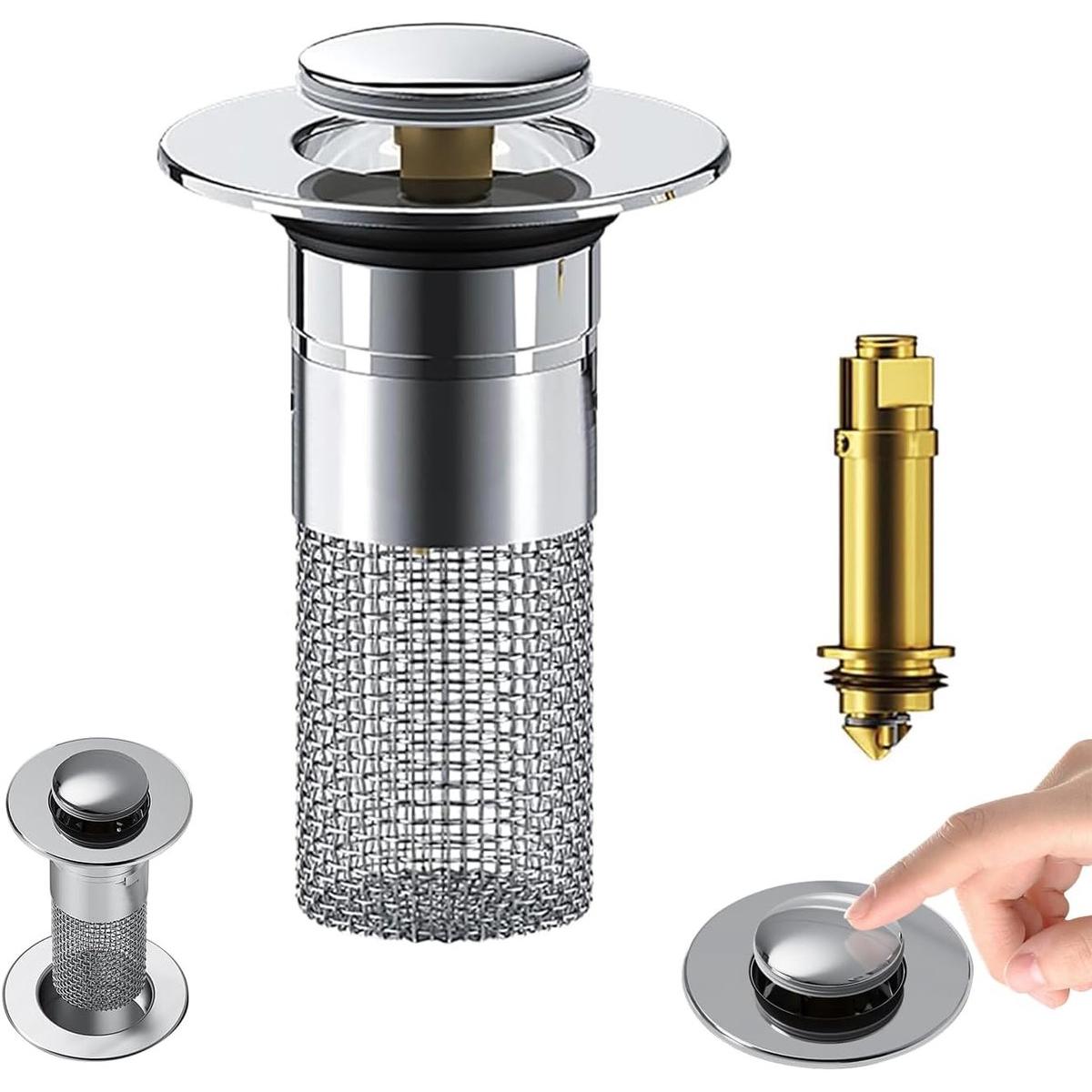 Tapón de desagüe - Pajita para lavabo de baño de 2 piezas - Pajita plegable para desagüe de lavabo - Pajita para lavabo - Para cocina - Con cesta de filtro de acero inoxidable extraíble para recoger el pelo - Tapón de desagüe de baño