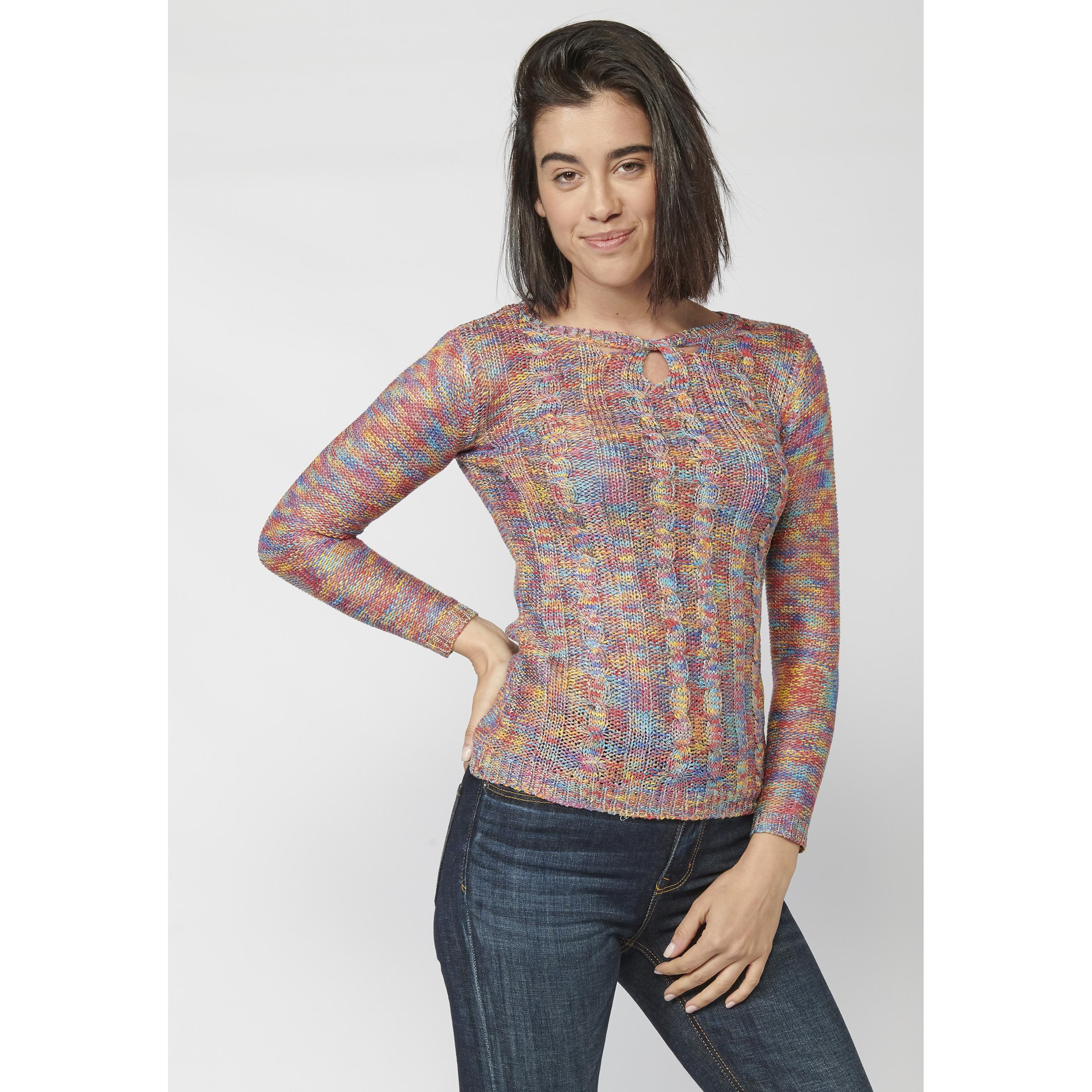 Koroshi - Jersey de punto multicolor con cuello calado redondo para mujer, 95% acrílico y 5% poliéster, manga larga y talla fiel