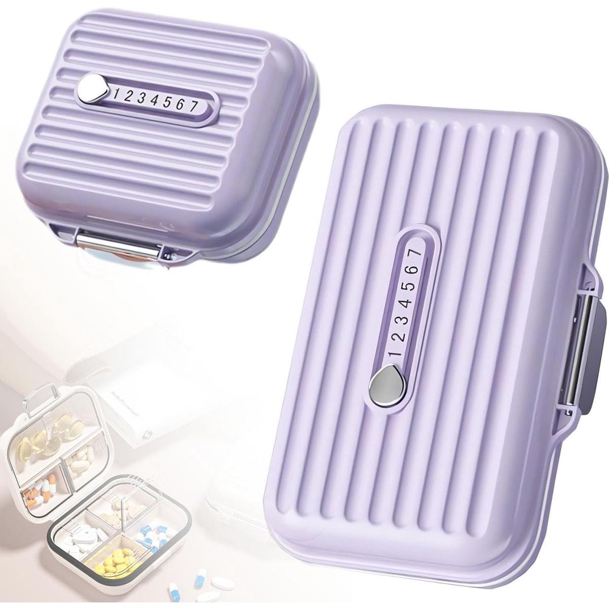 2 pastilleros portátiles de viaje (uno grande y otro pequeño de color morado), organizador de pastillas para viajes y uso diario, etc.