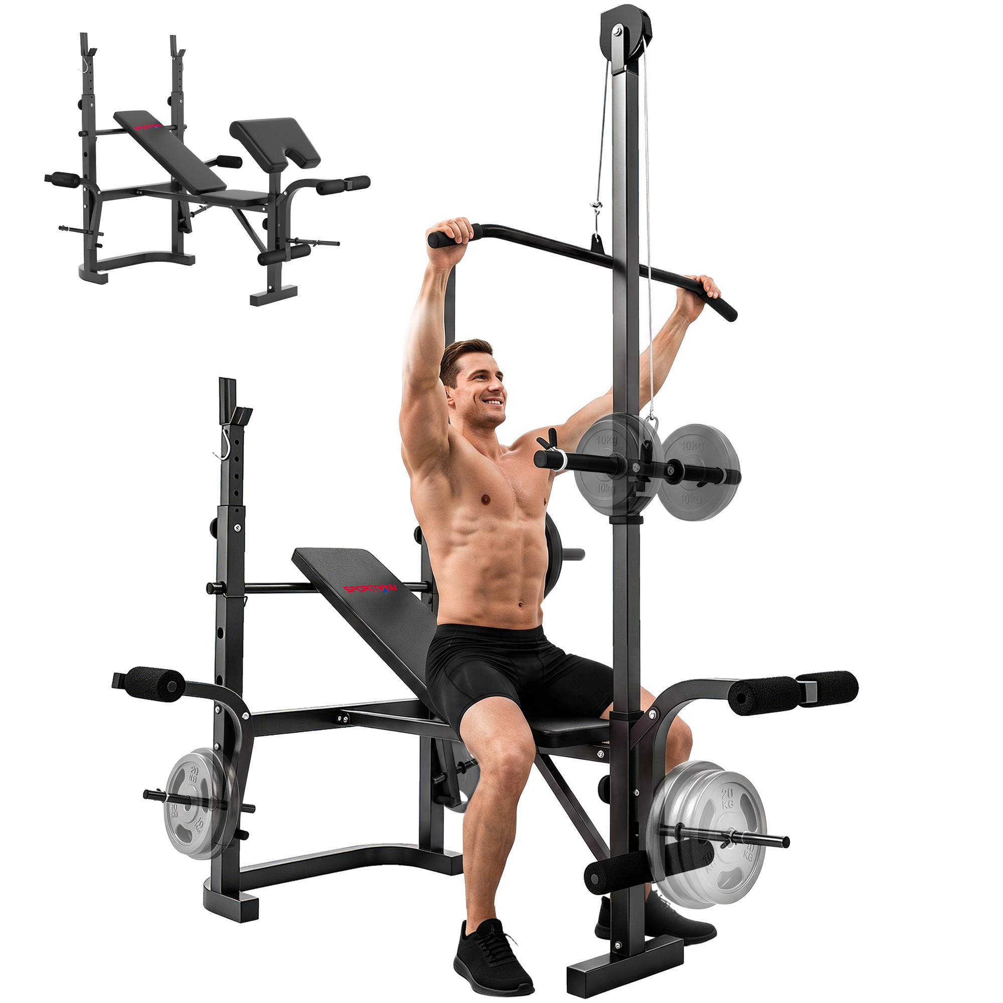 SPORTNOW Banco de Musculación Multifuncional Inclinable, Banco de Pesas, Press Banca con Soporte Barra Ajustable, Barra Tracción Desmontable, Extensión Piernas, Curl Predicador, Mariposa Casa Gimnasio
