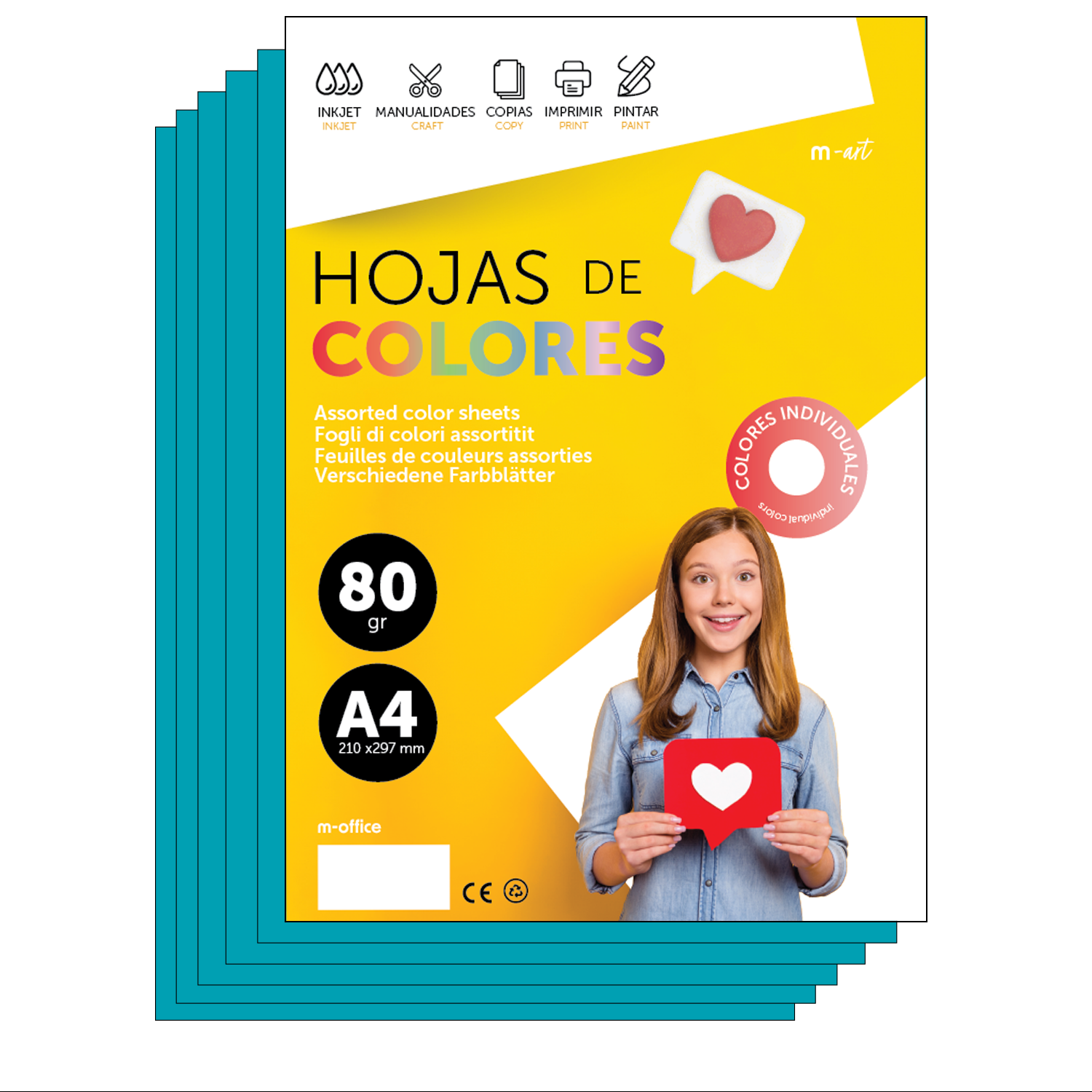M-Office Folios De Colores A4 80g Para Impresoras y Manualidades, Papel Surtido Para Niños, Paquete Folios Colores Para Tarjetas, Escuela y Proyectos Creativos m-office (100h, Azul Turquesa)