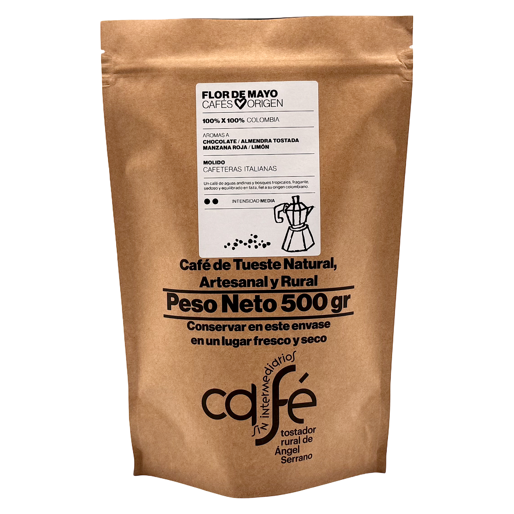 CAFÉ SIN INTERMEDIARIOS - 100% Colombia - Flor de Mayo - Ideal para tomar solo - Intensidad de sabor Media - Recién tostado y envasado - 500 g Grano o Molido (Exprés, Filtro, Italiana, Americana, Superautomática)