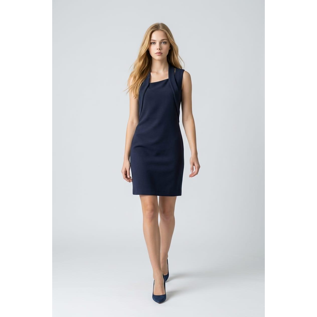 Vestido Marca BANBAT recto para mujer de diseño contemporáneo con detalle sobrepuesto delantero, 62% poliéster, 35% viscosa y 3% elastán, ideal para eventos y reuniones formales - REF: 12942