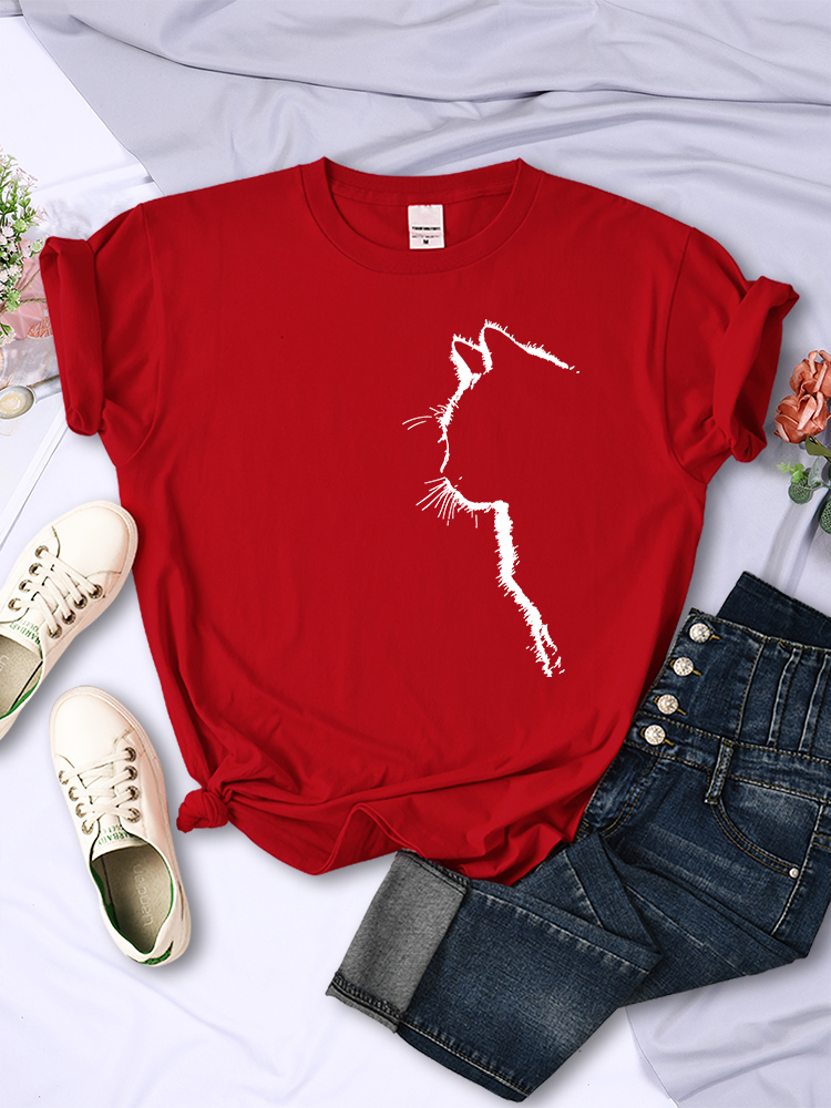 TK Camiseta De Mujer Simple Y Divertida Con Estampado De Gato Moda Casual Manga Corta Cuello Redondo Personas Callejeras Verano Top