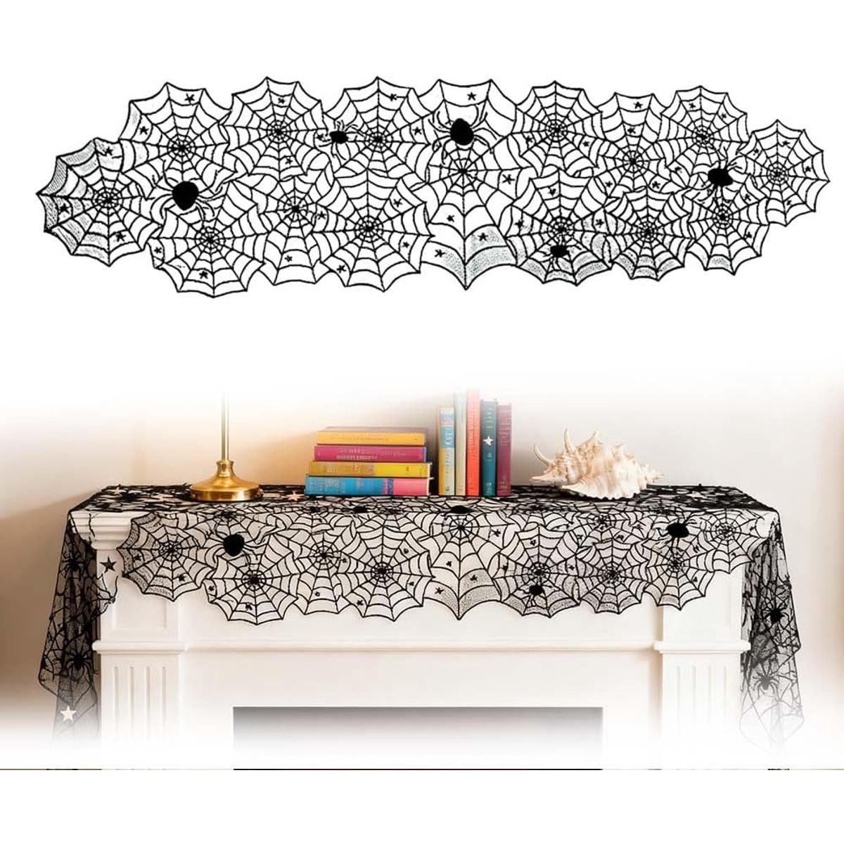 Camino de mesa - 45*183cm - Camino de mesa de Halloween - Camino de mesa de poliéster - Mantel - Caminos de mesa de telaraña con encaje negro - Decoración de Halloween - Reutilizable - Artículos para fiestas - para bares en casa, eventos escolares