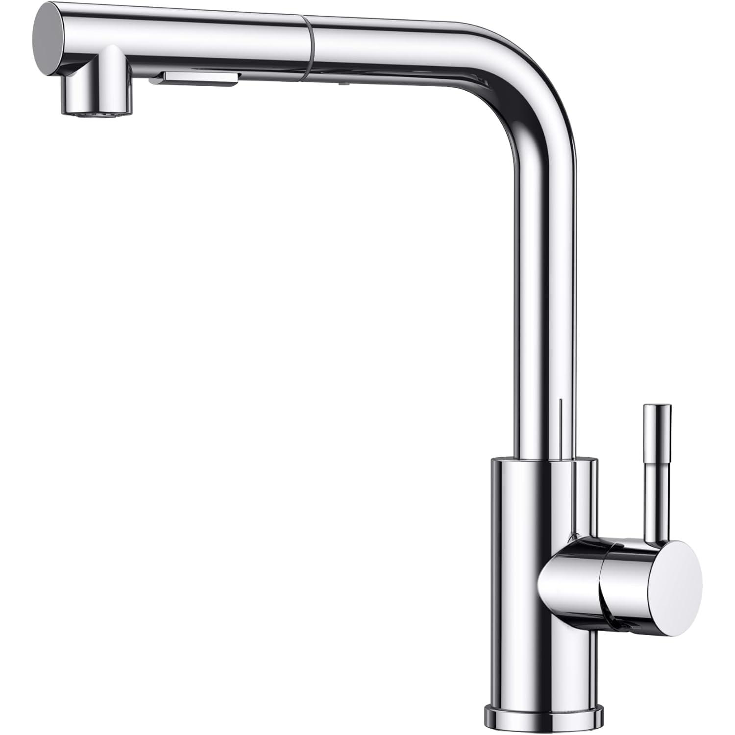 Pull-Out Kitchen Faucet, Kitchen Sink Faucet with 2 Spray Modes and 360° Rotating Spray Head, Single-Handle Kitchen Faucet, Polished Chrome