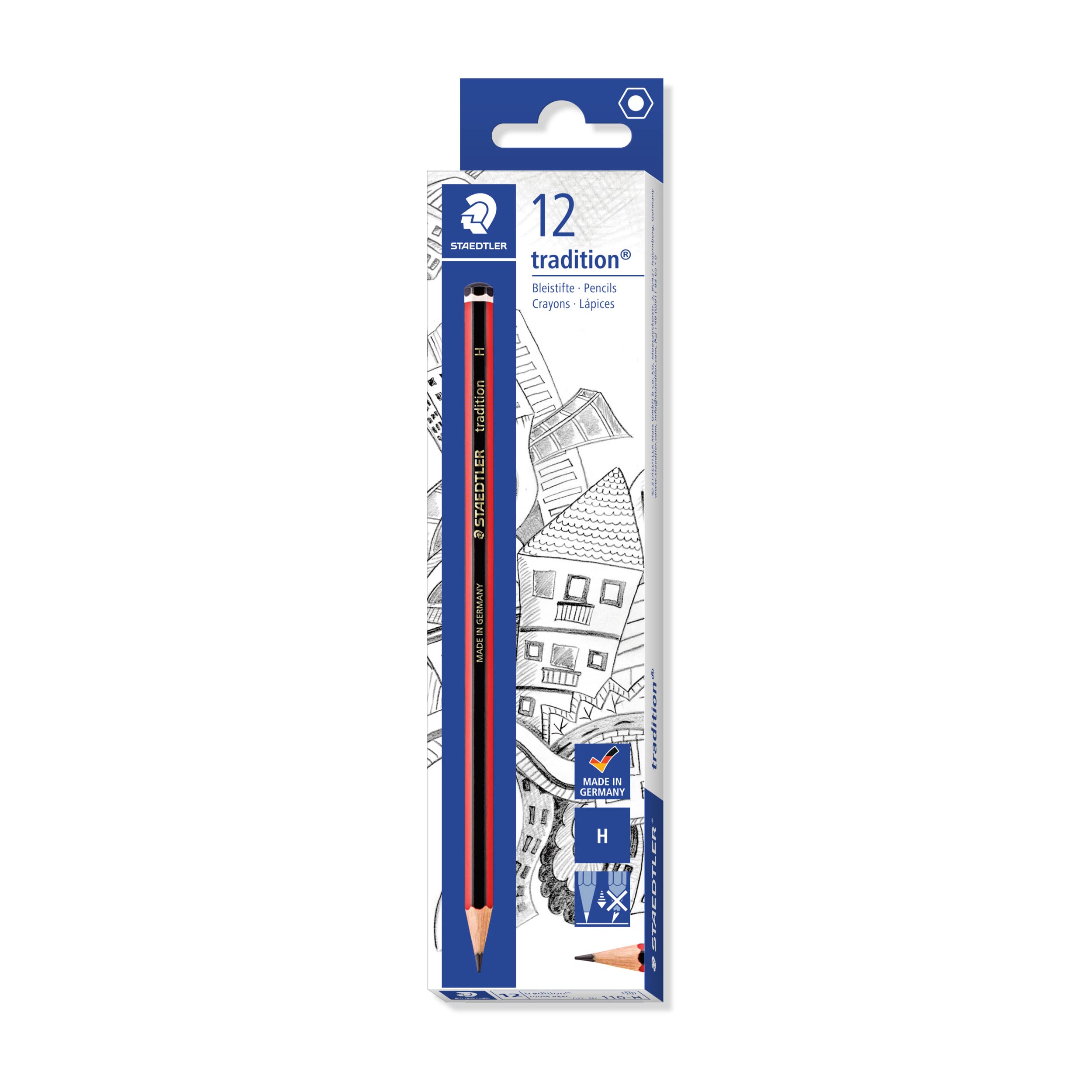 STAEDTLER Lot de 3 Crayons Tradition 110, graduation: H, hexagonal,laqué de rouge/noir