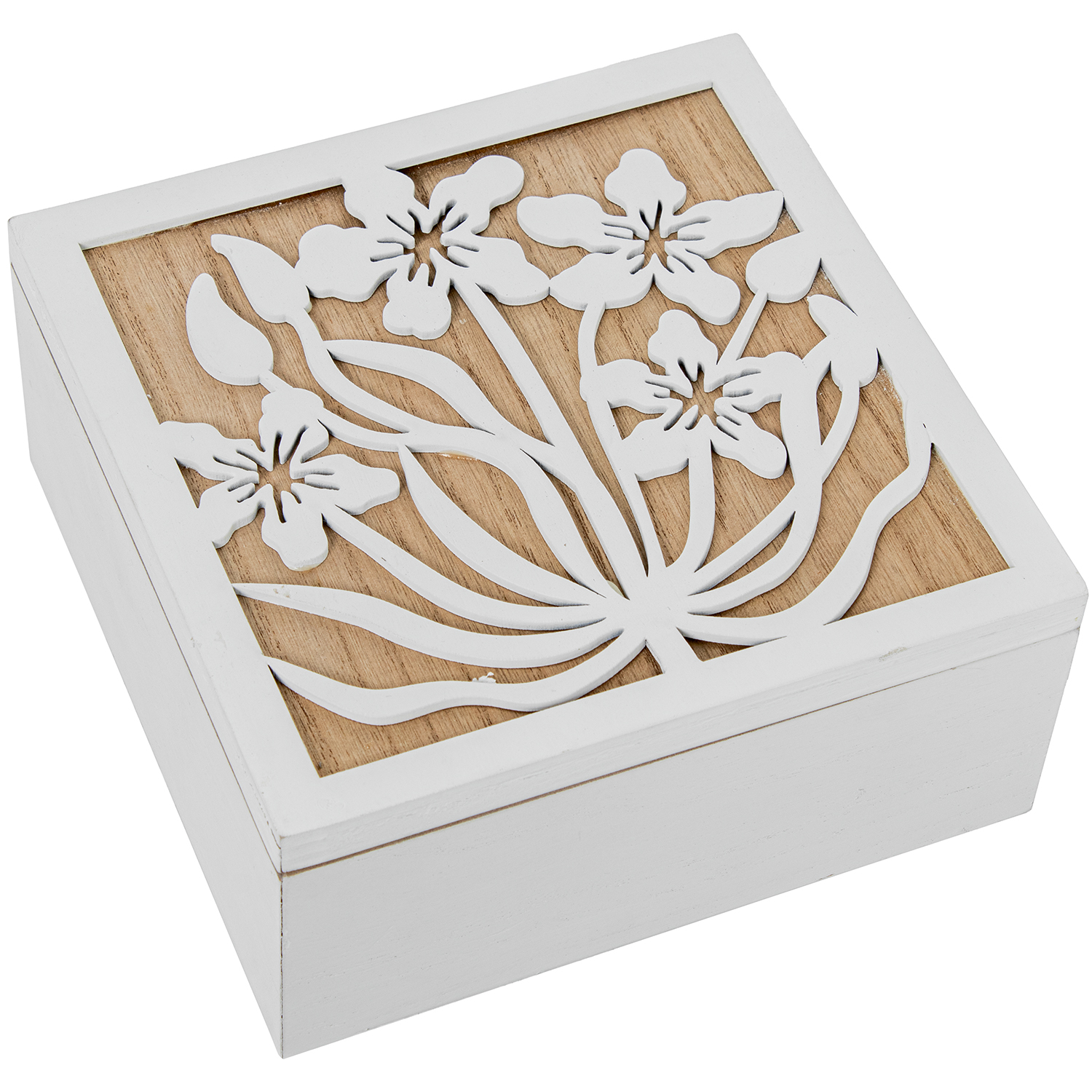 Caja joyero madera blanco, natural flores 20x20x9cm