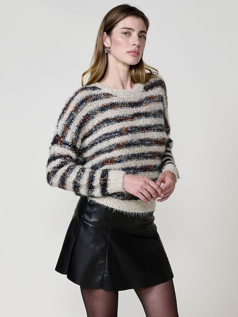 Koroshi - Jersey de punto con pelo suave para mujer, cuello redondo y manga larga, modelo 2522TR26 en azul o crudo