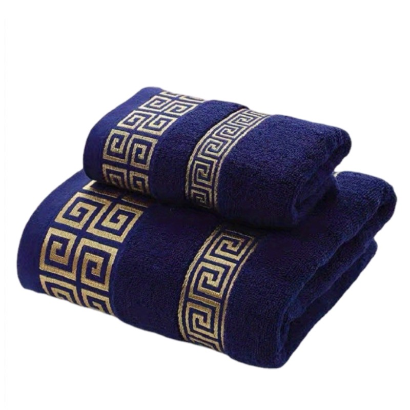 Juego De Toallas De Algodón 2 Piezas 1 Toalla De Mano 34x74cm Y 1 Toalla De Baño Grande 70x140cm Azul Blanco Marrón Con Bordado Geométrico Regalo