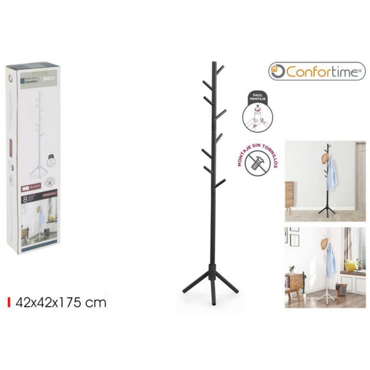 ZYLX SHOPPING – Perchero de Madera Confortime 175 cm | Colgador Ropa y Accesorios | Natural, Blanco o Negro