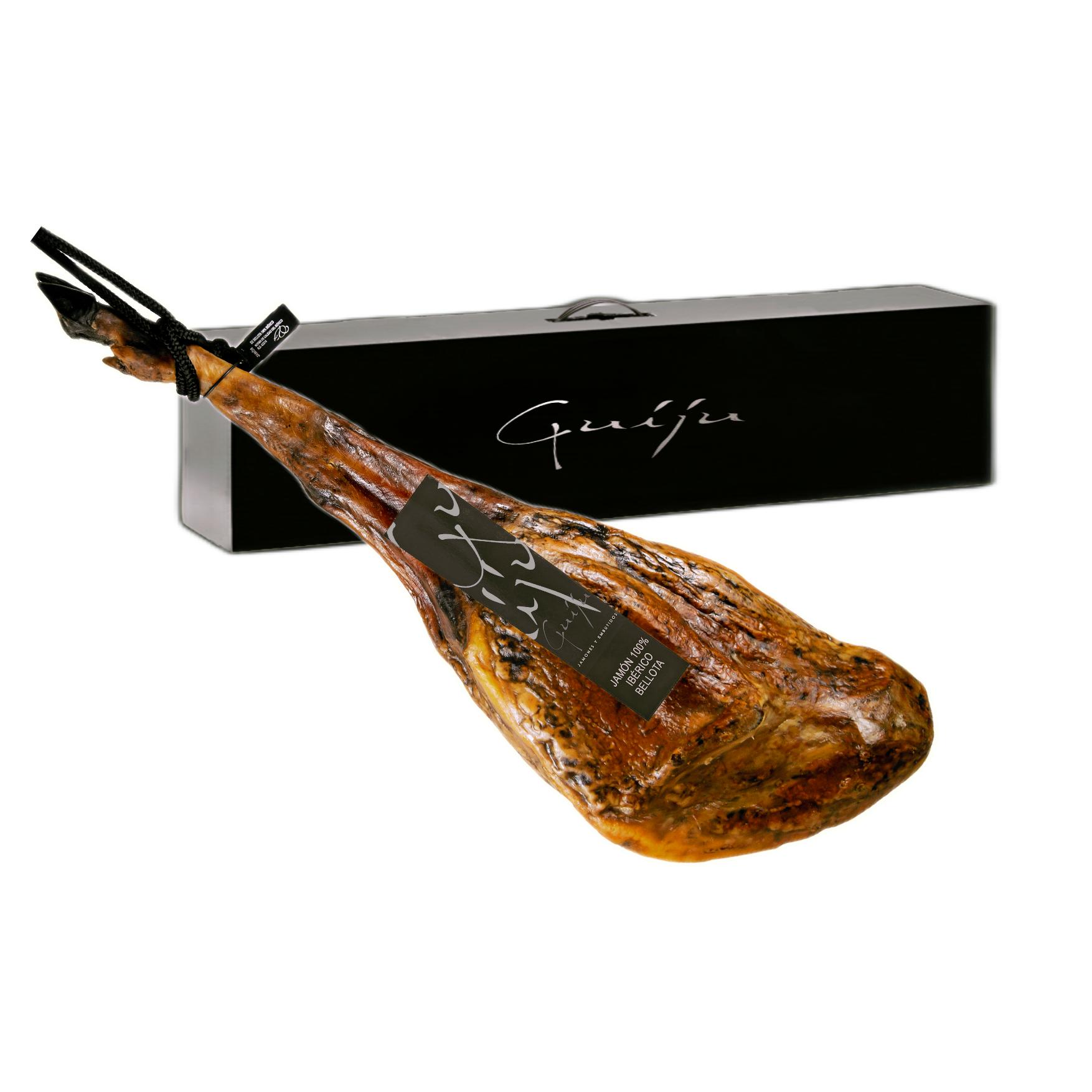 Jamón Ibérico de Bellota 100% Ibérico Pata Negra | Aprox. 8kg | Curación tradicional Certificado brida negra por Calicer España | Marca Guiju