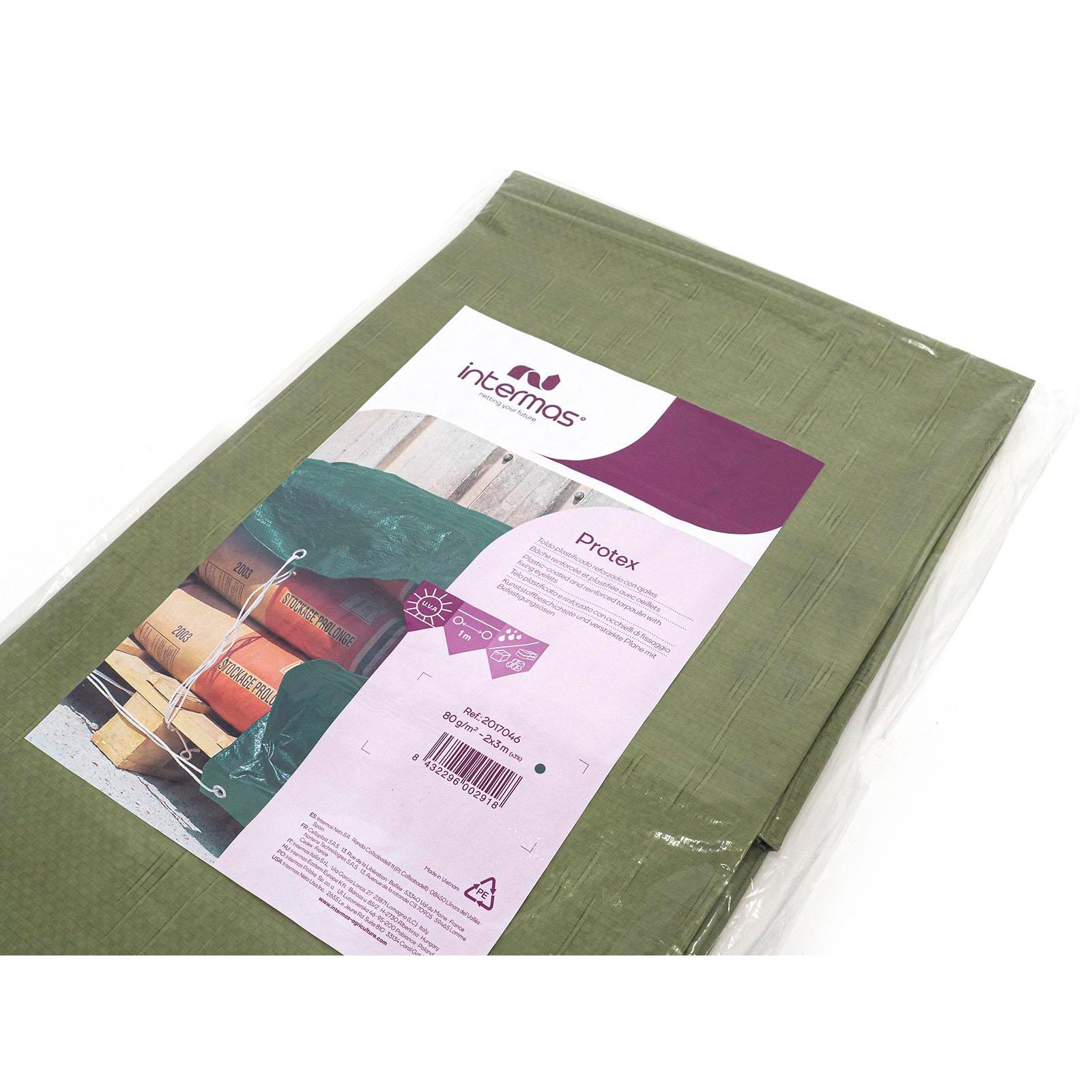Lona impermeable Protex | INTERMAS - Lona reforzada, 80g/m2, color verde vegetación, ollados para mayor agarre // Varios tamaños
