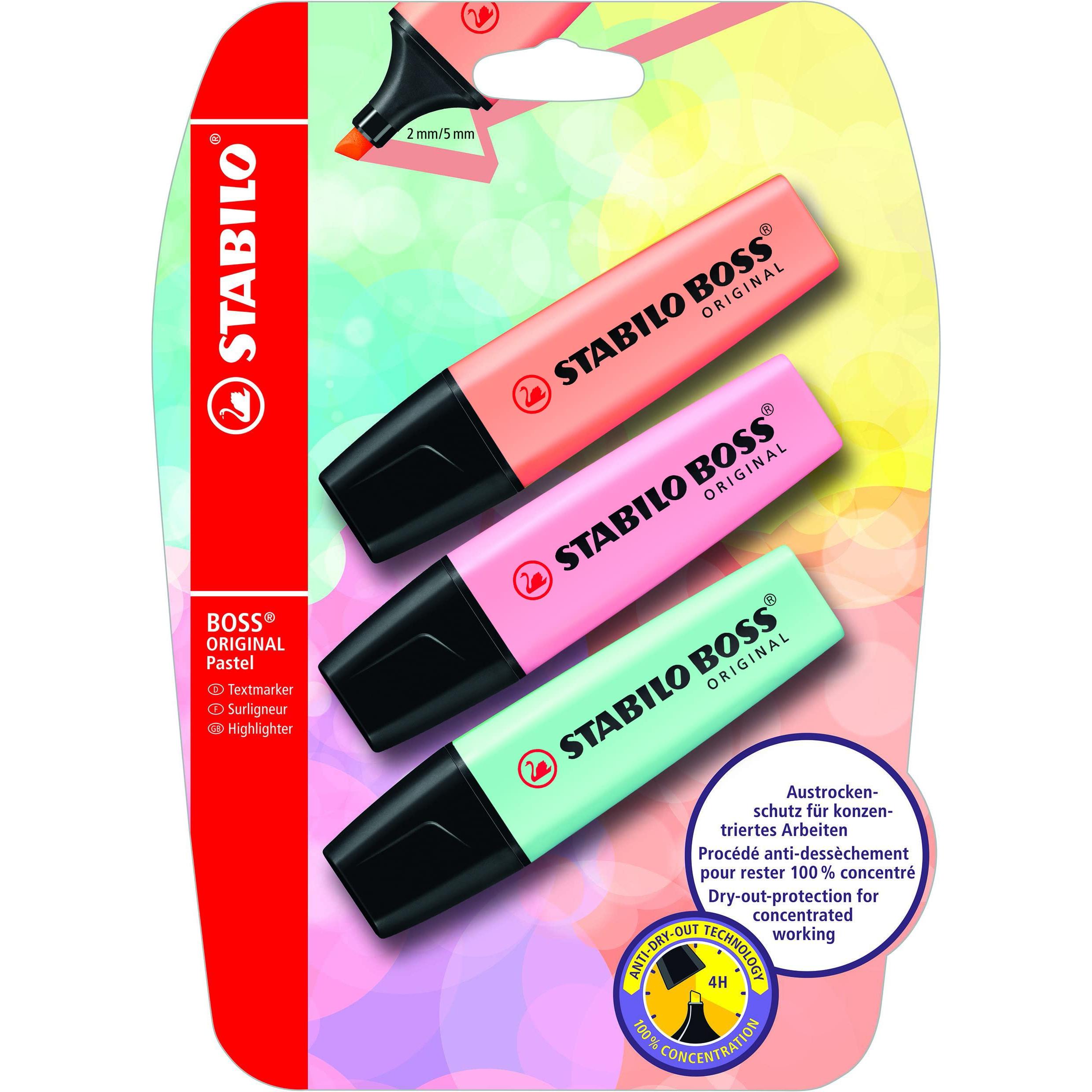 Resaltador STABILO BOSS Original Pastel – blister x 3 marcadores pastel – melocotón + rosa + turquesa